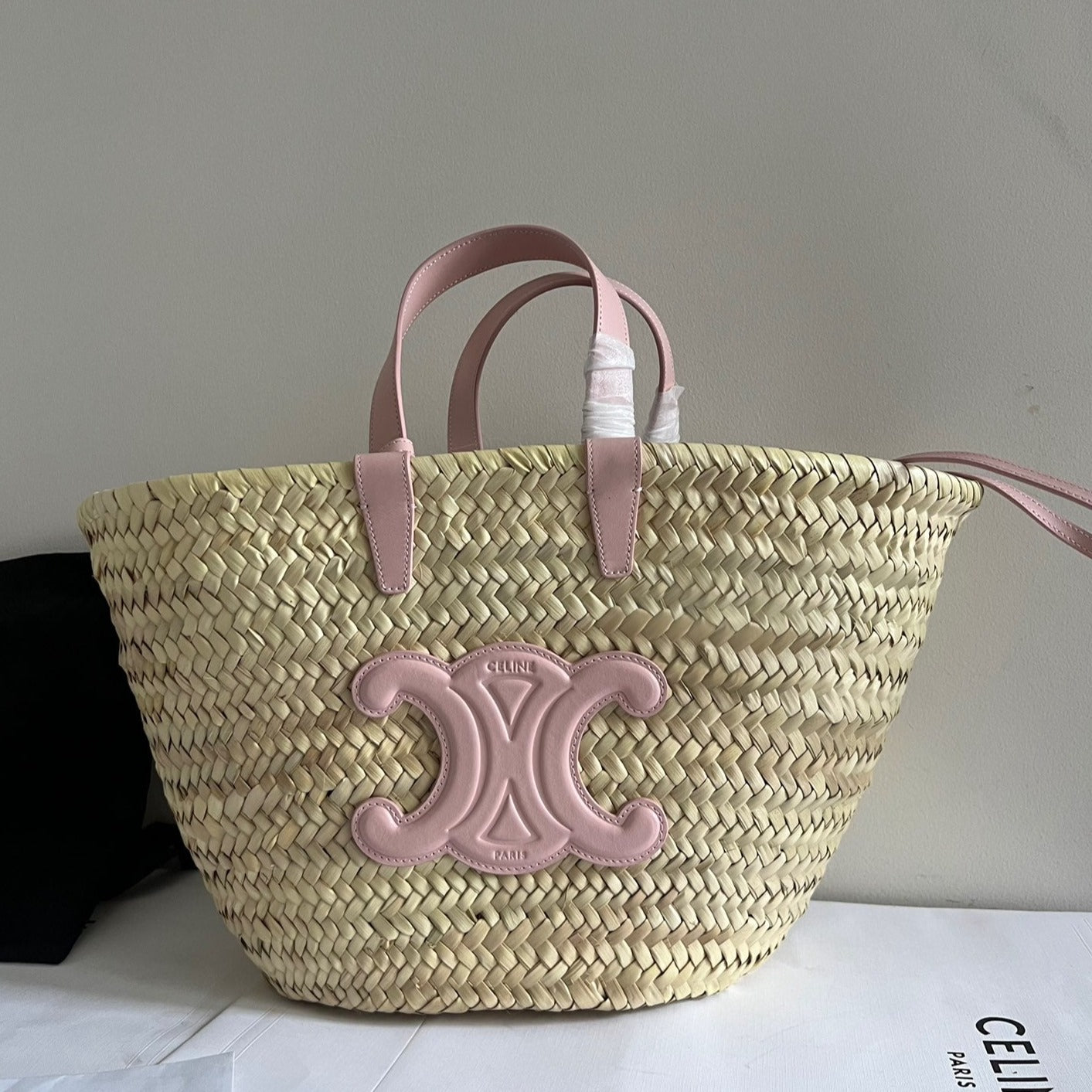 Celine medium classic panier 25cm raffia and tan calfskin