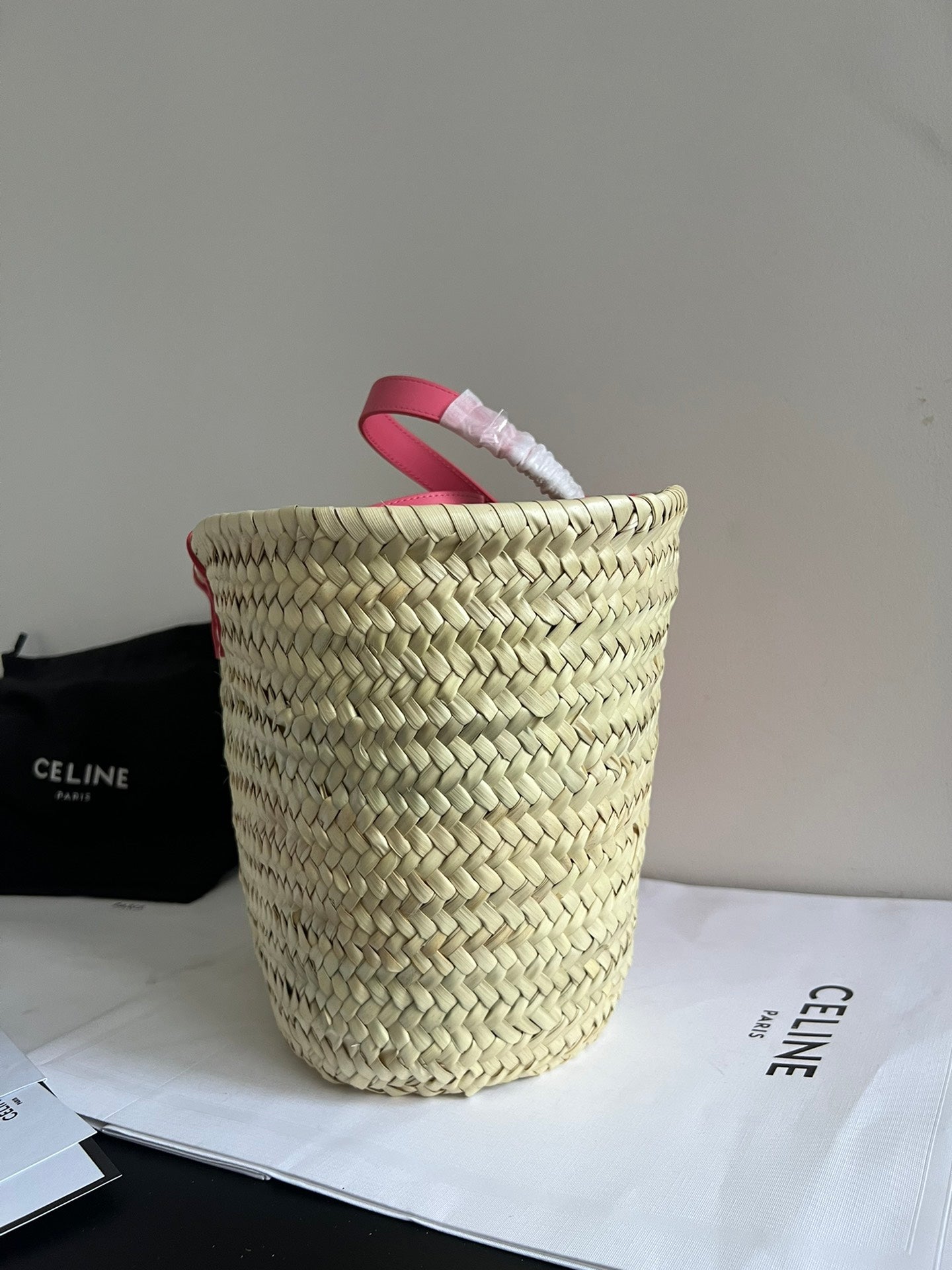 Celine medium classic panier 25cm raffia and dark pink calfskin