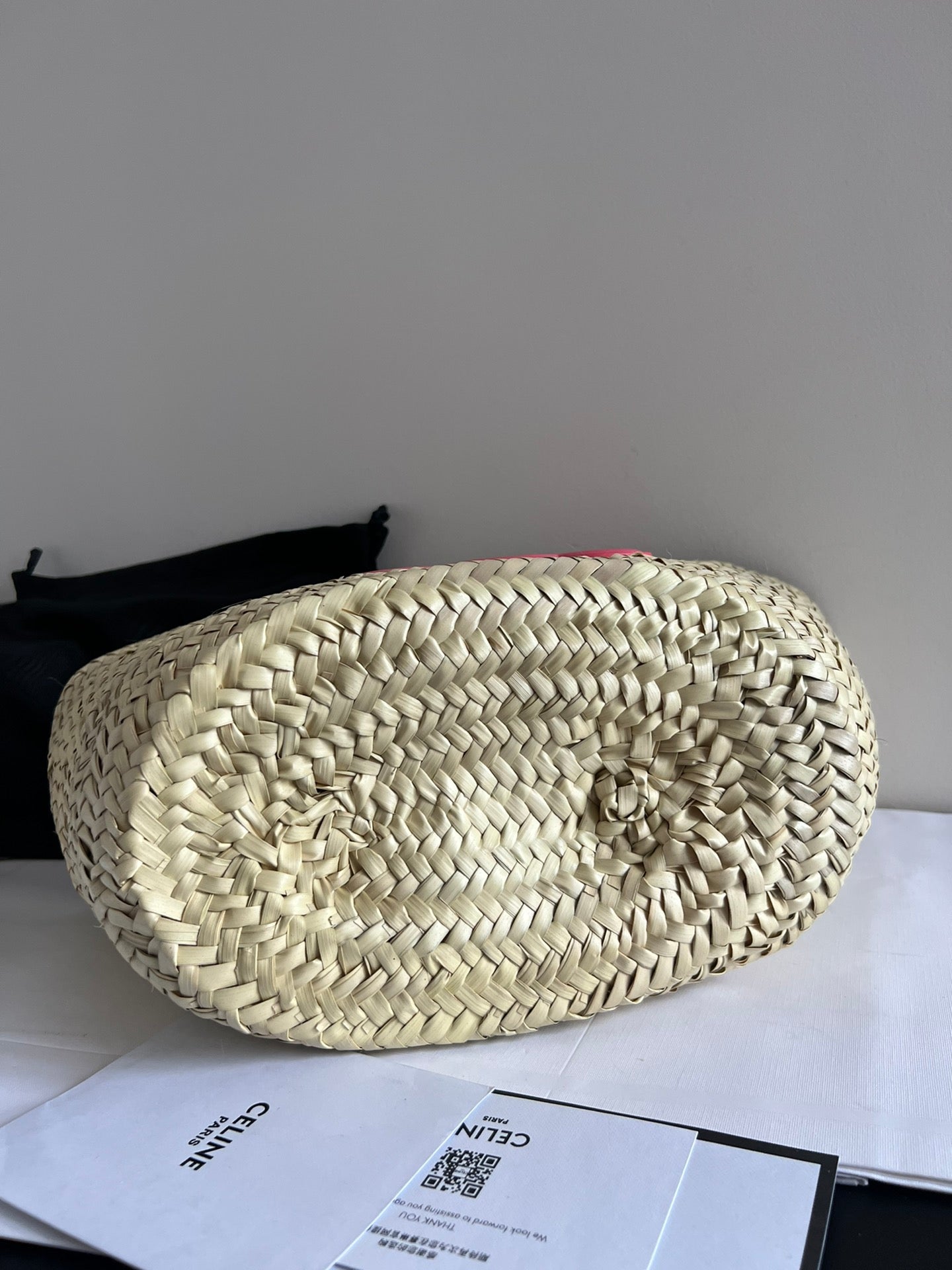 Celine medium classic panier 25cm raffia and dark pink calfskin