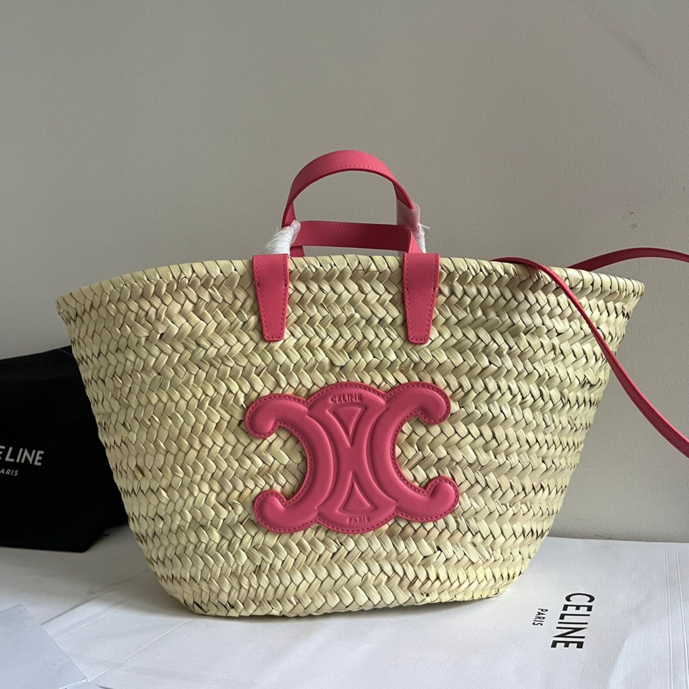 Celine medium classic panier 25cm raffia and dark pink calfskin