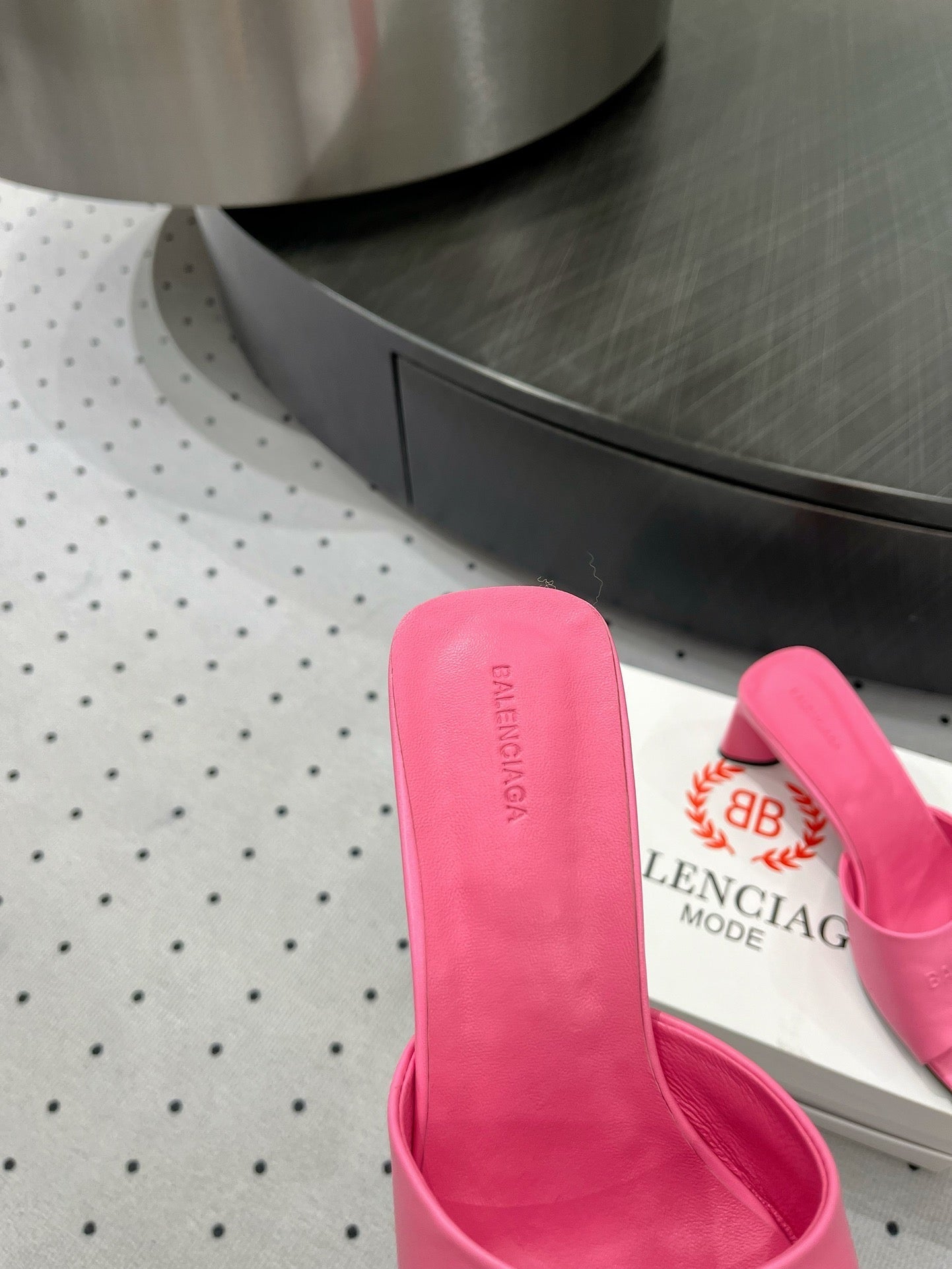 Balanciaga SQUARE-TOE MEDIUM HEEL MULES IN PINK CALFSKIN LOGO EMBOSSED