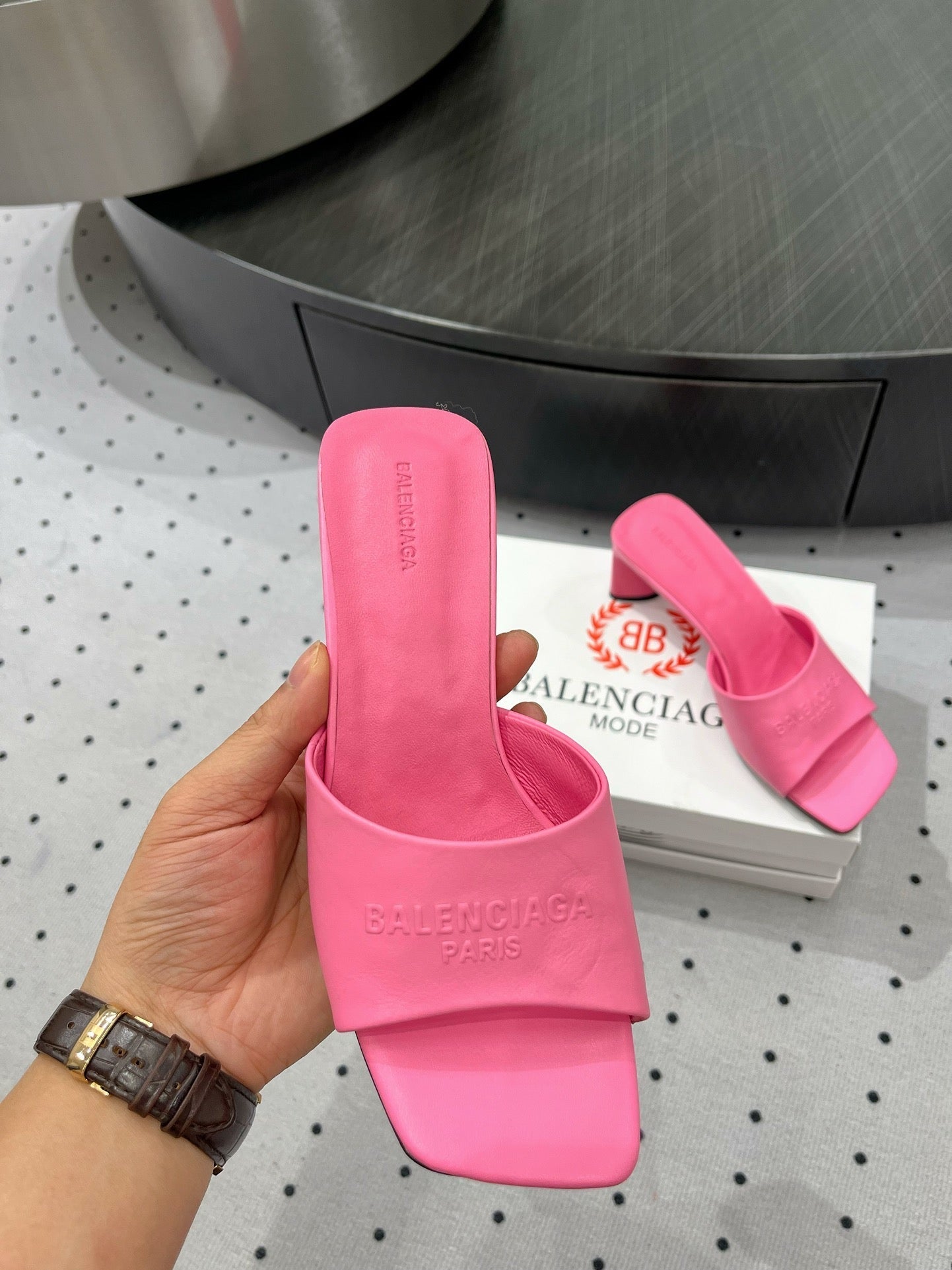 Balanciaga SQUARE-TOE MEDIUM HEEL MULES IN PINK CALFSKIN LOGO EMBOSSED