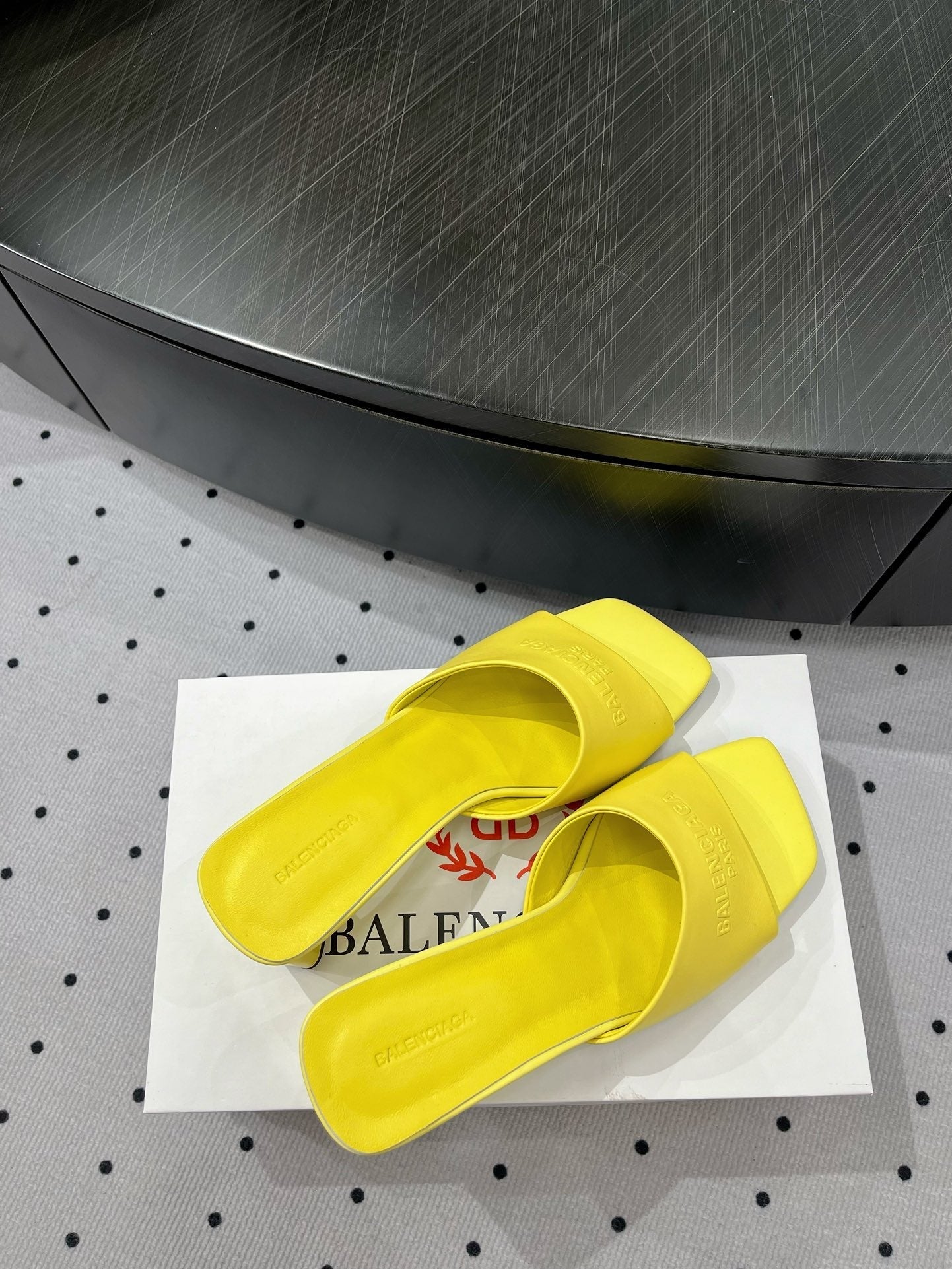Balanciaga SQUARE-TOE MEDIUM HEEL MULES IN YELLOW CALFSKIN LOGO EMBOSSED