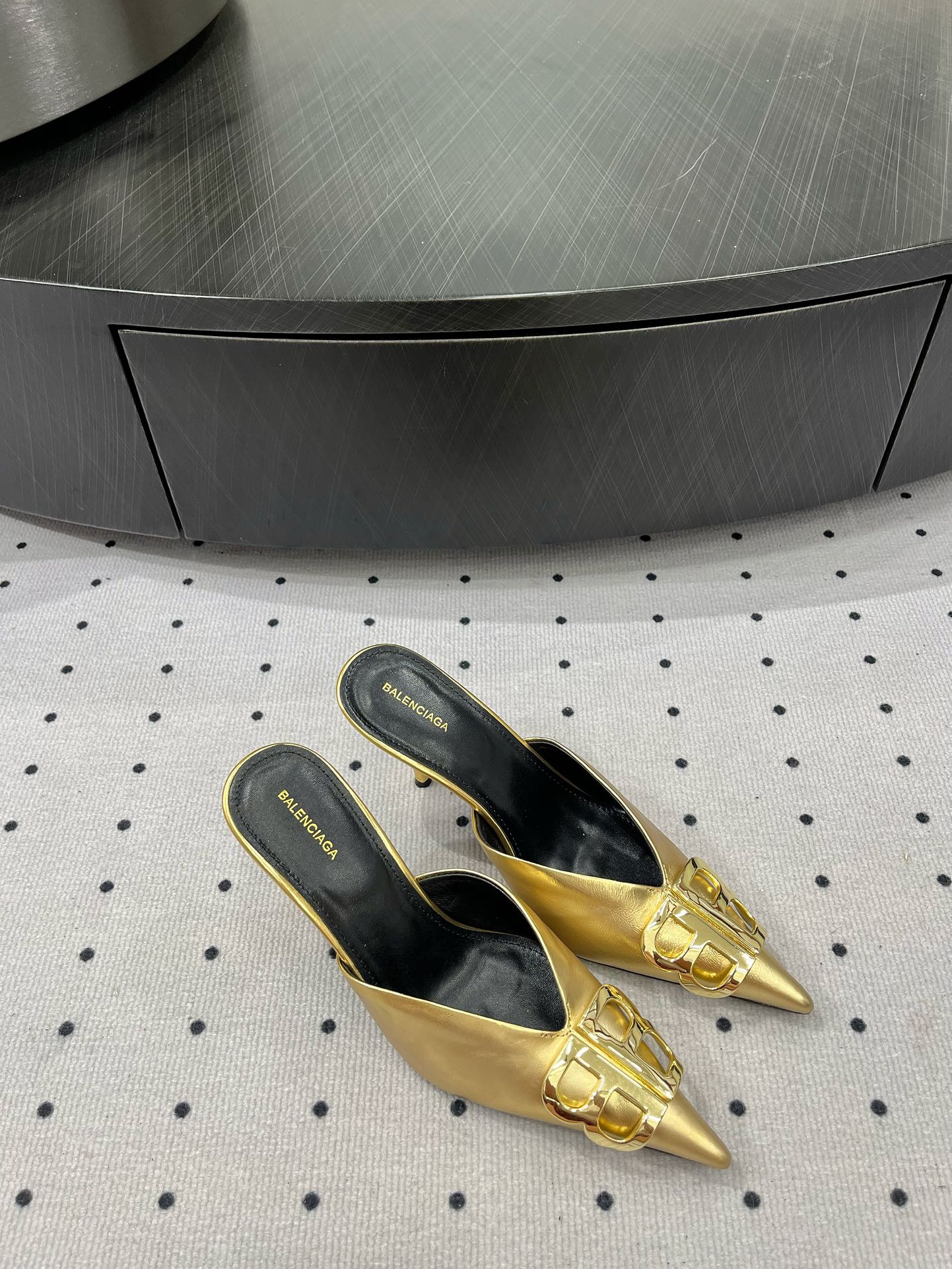 Balanciaga POINTED BB GOLD BUCKLE HEELED SLINGBACK IN GOLD METALLIC SHINY CALFSKIN