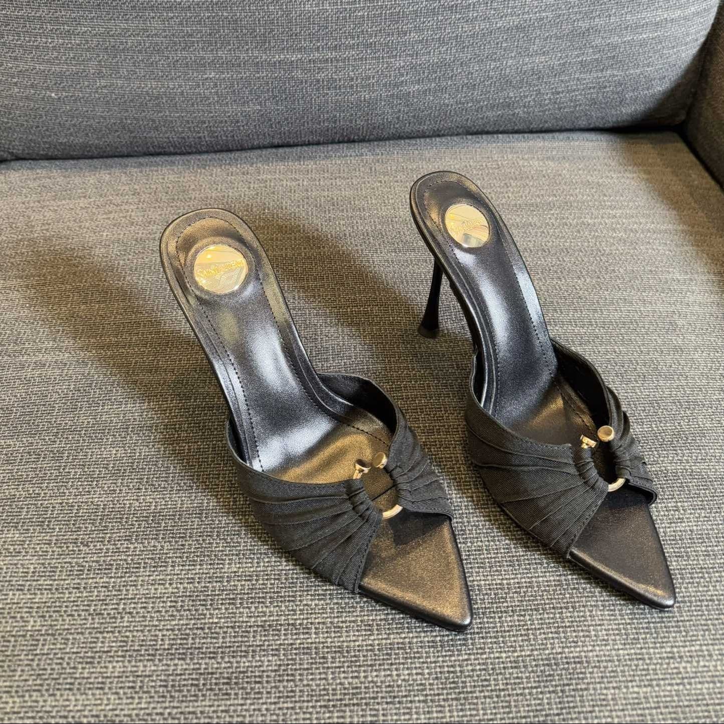 Saint Laurent LOLA HIGH MULES IN BLACK SMOOTH LAMBSKIN AND DRAPED JERSEY