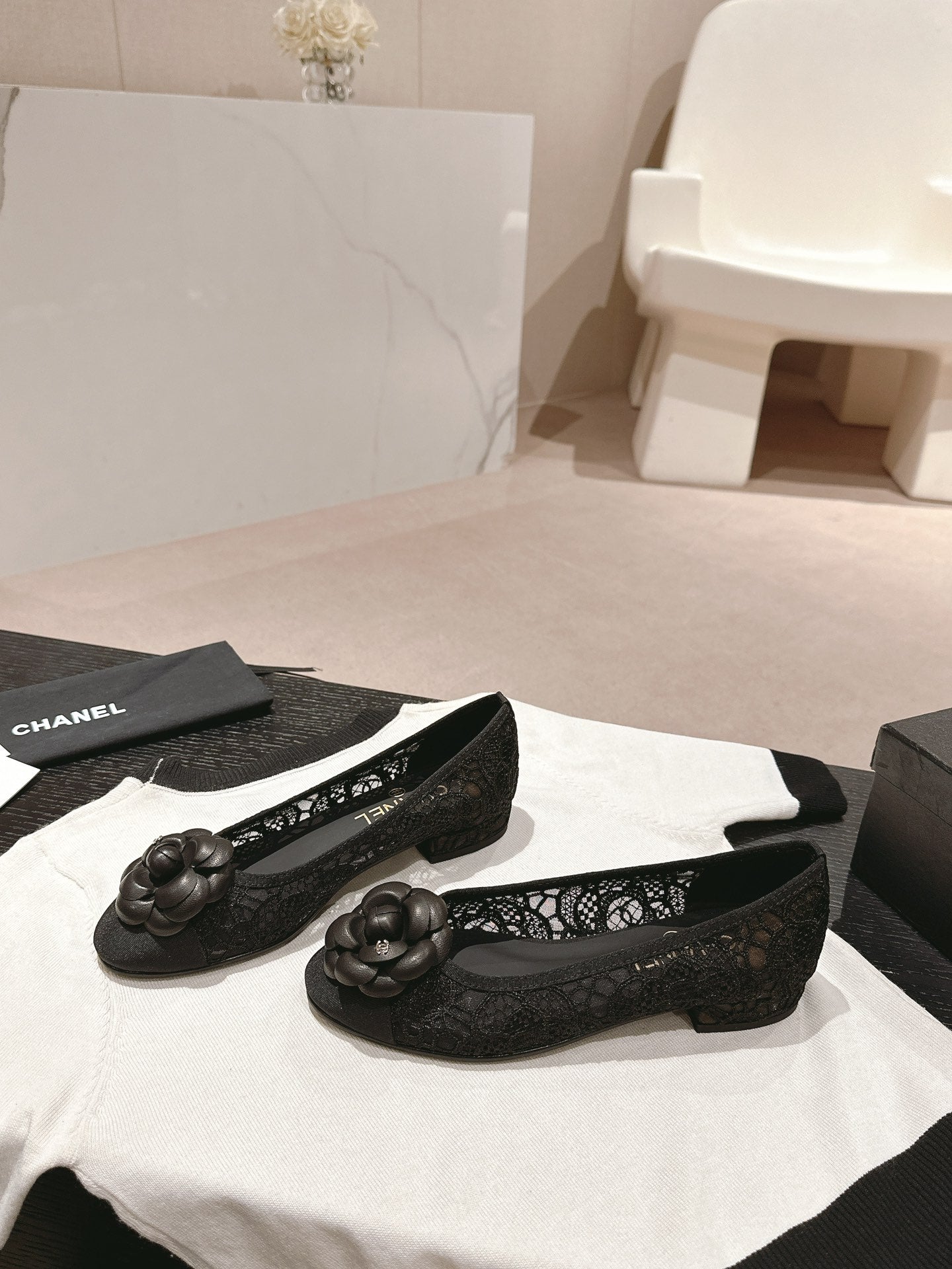 CHANEL ballet flat flower black lace fabric