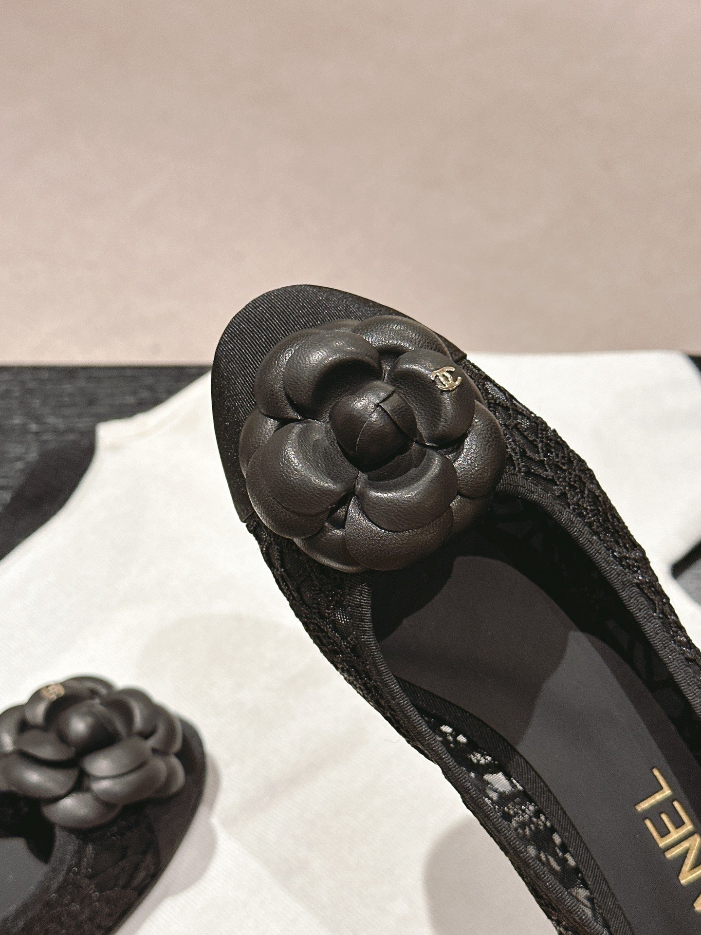 CHANEL ballet flat flower black lace fabric