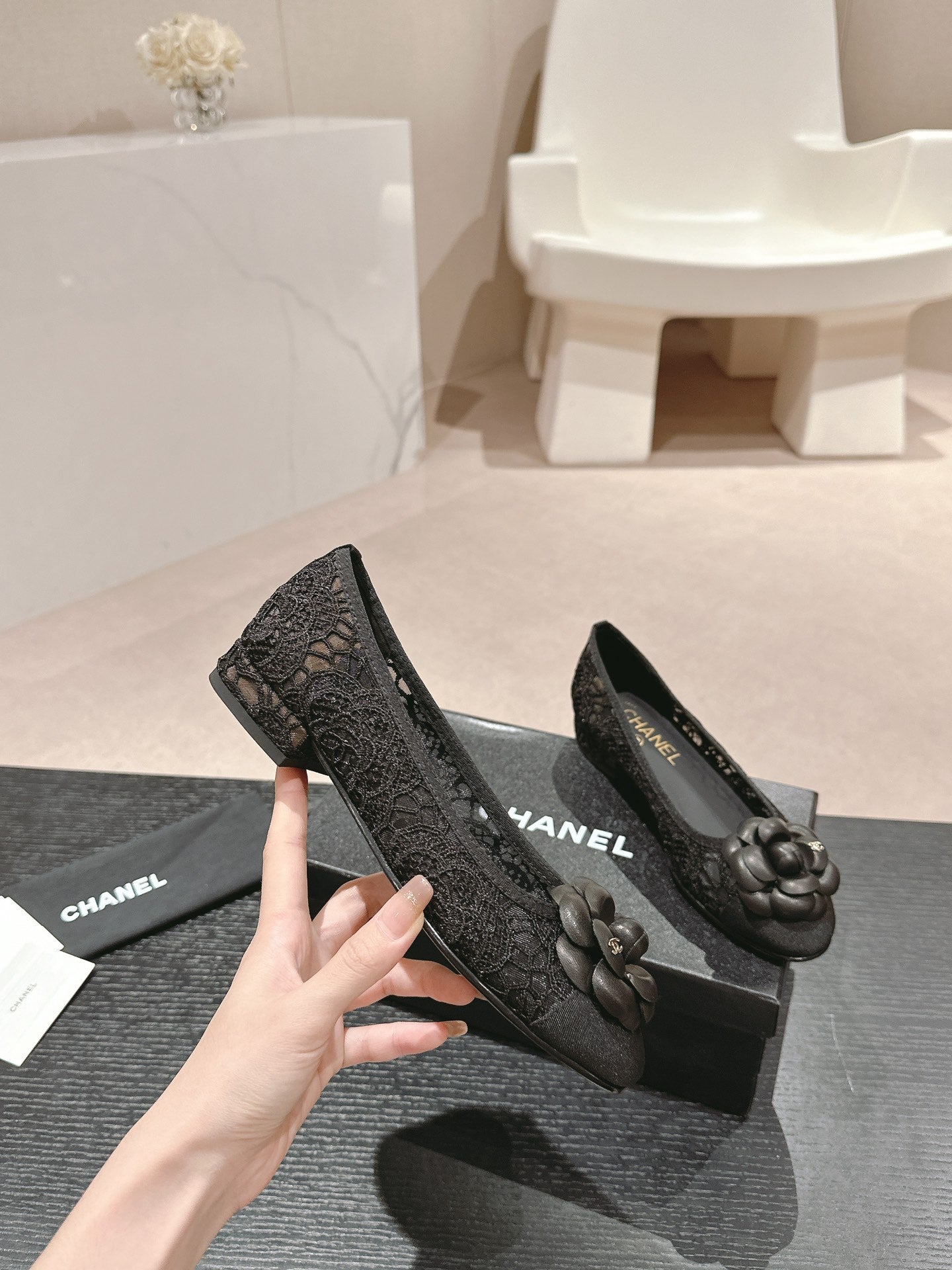 CHANEL ballet flat flower black lace fabric
