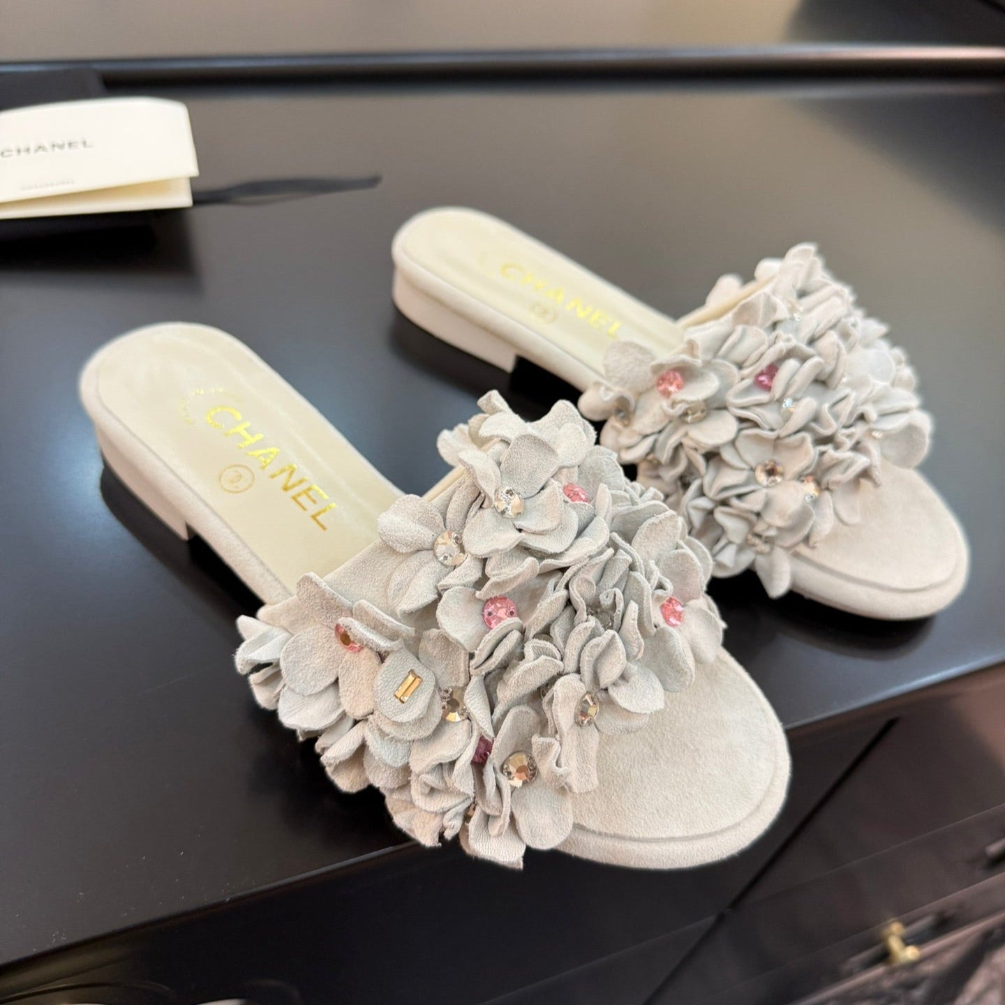 CHANEL 25C Mules Grey Suede Strass