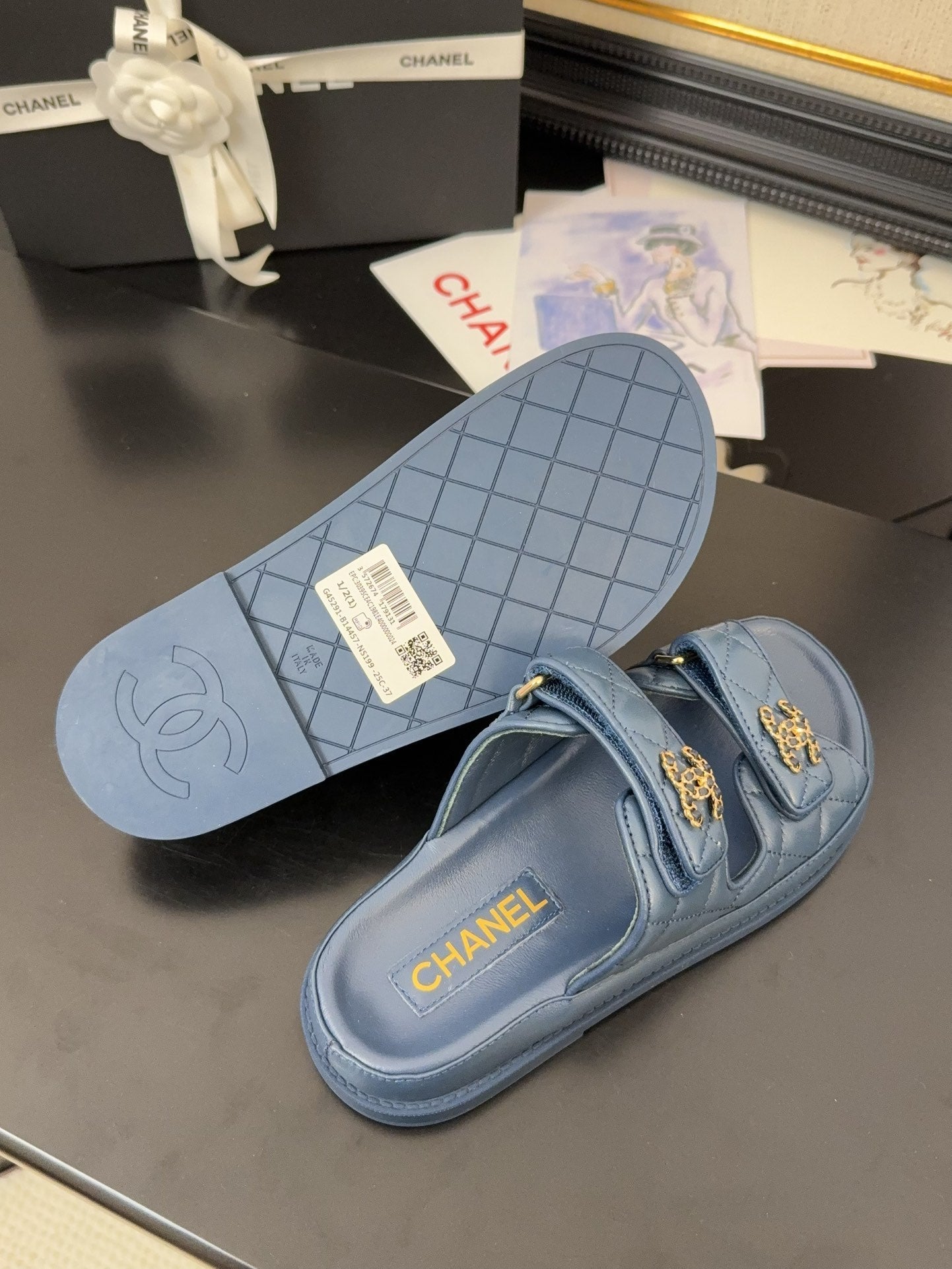 CHANEL 25 Dad Sandal Mule Navy Blue Calfskin