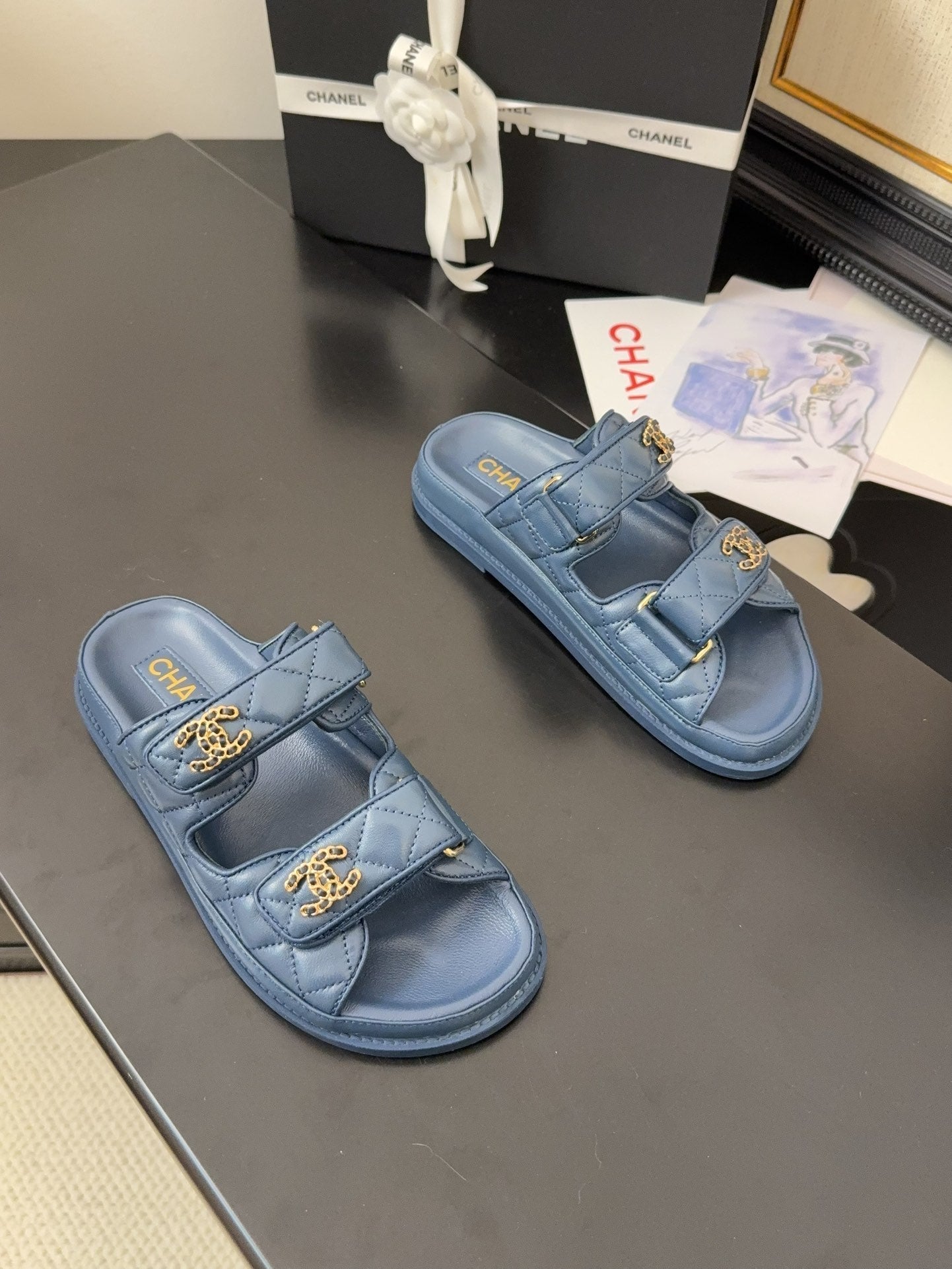 CHANEL 25 Dad Sandal Mule Navy Blue Calfskin