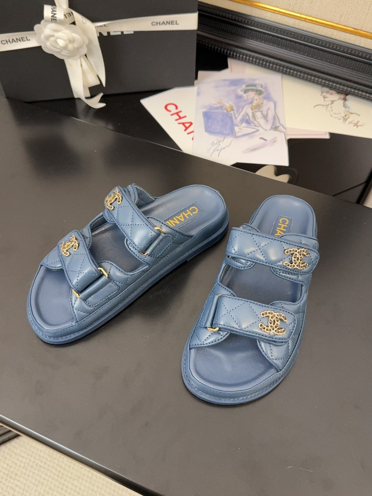 CHANEL 25 Dad Sandal Mule Navy Blue Calfskin