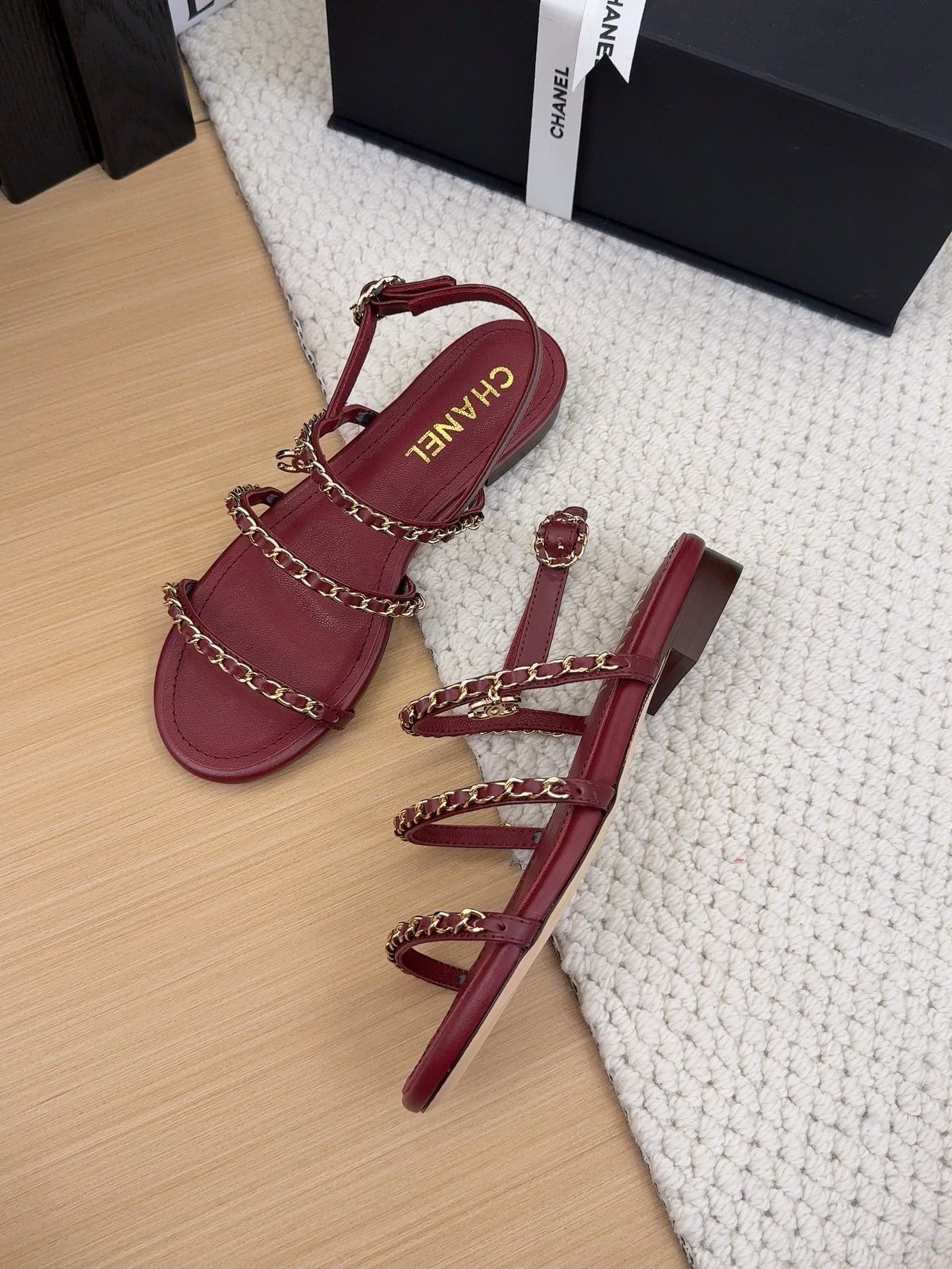 CHANEL 25S Sandal Three Leather Strap Red Calfskin