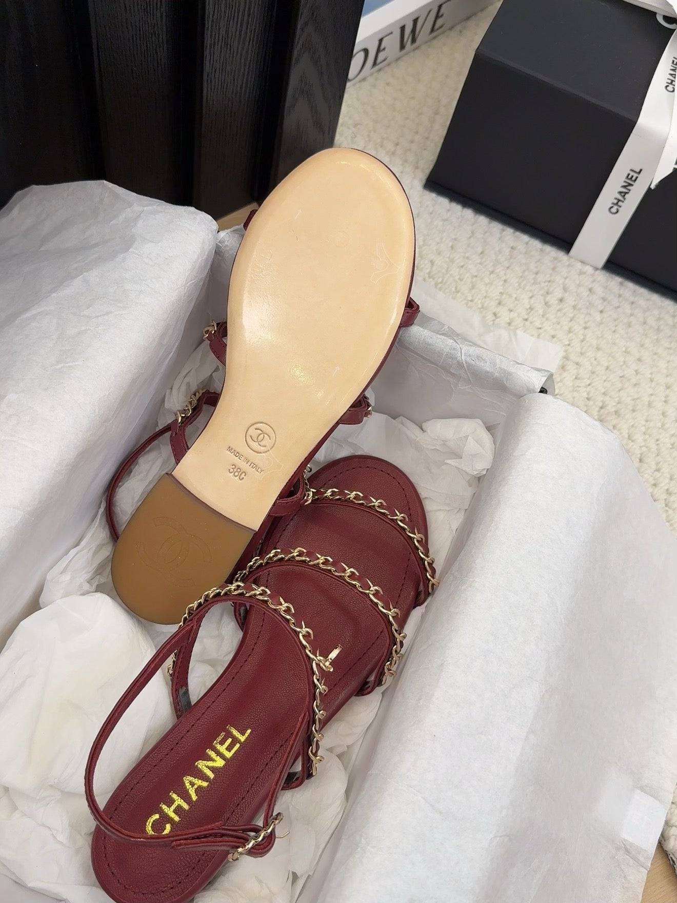 CHANEL 25S Sandal Three Leather Strap Red Calfskin