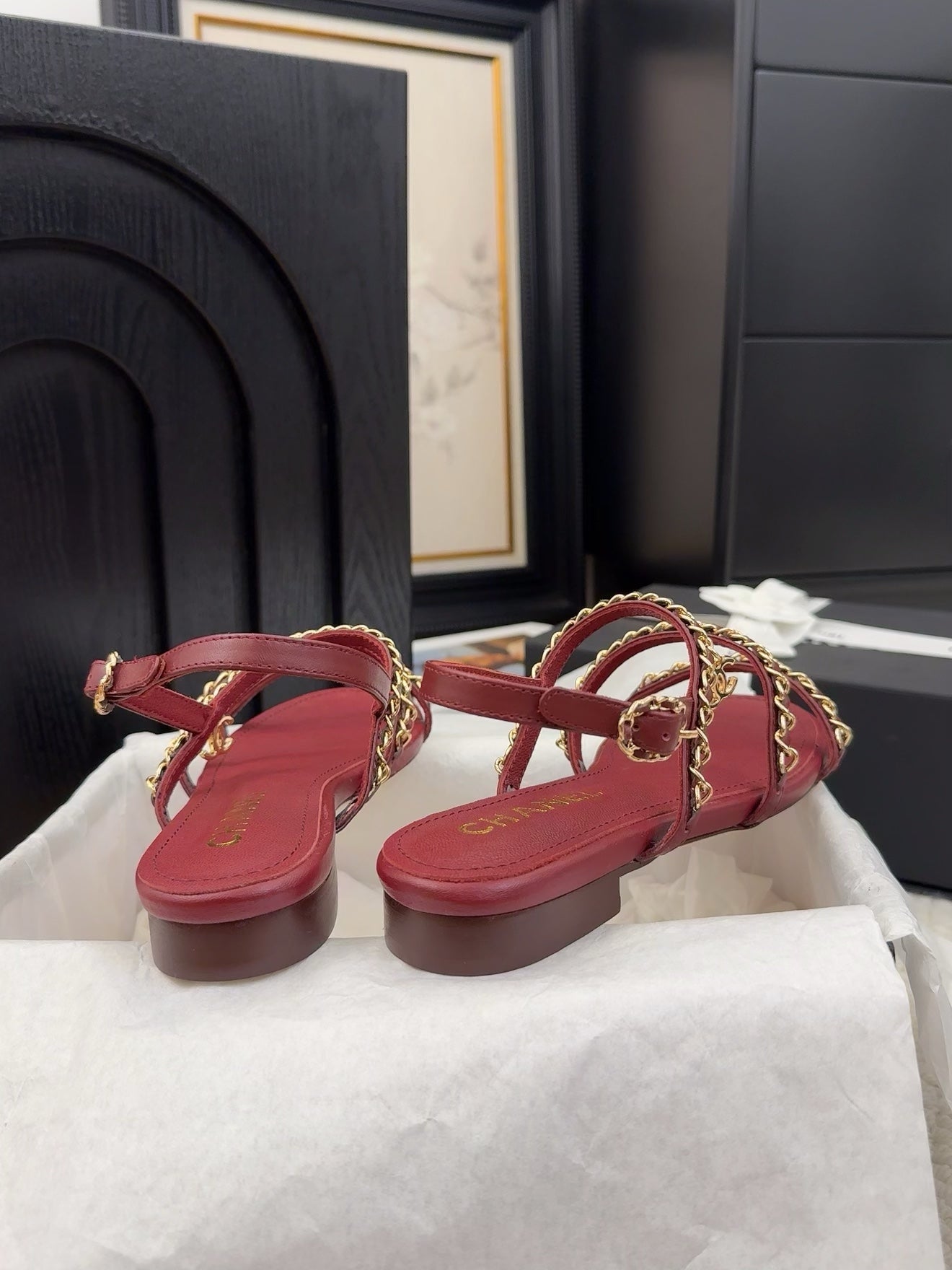 CHANEL 25S Sandal Three Leather Strap Red Calfskin