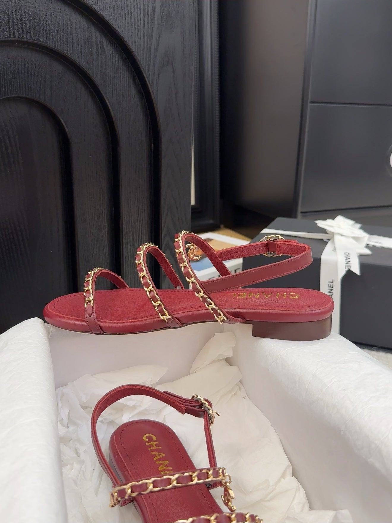CHANEL 25S Sandal Three Leather Strap Red Calfskin