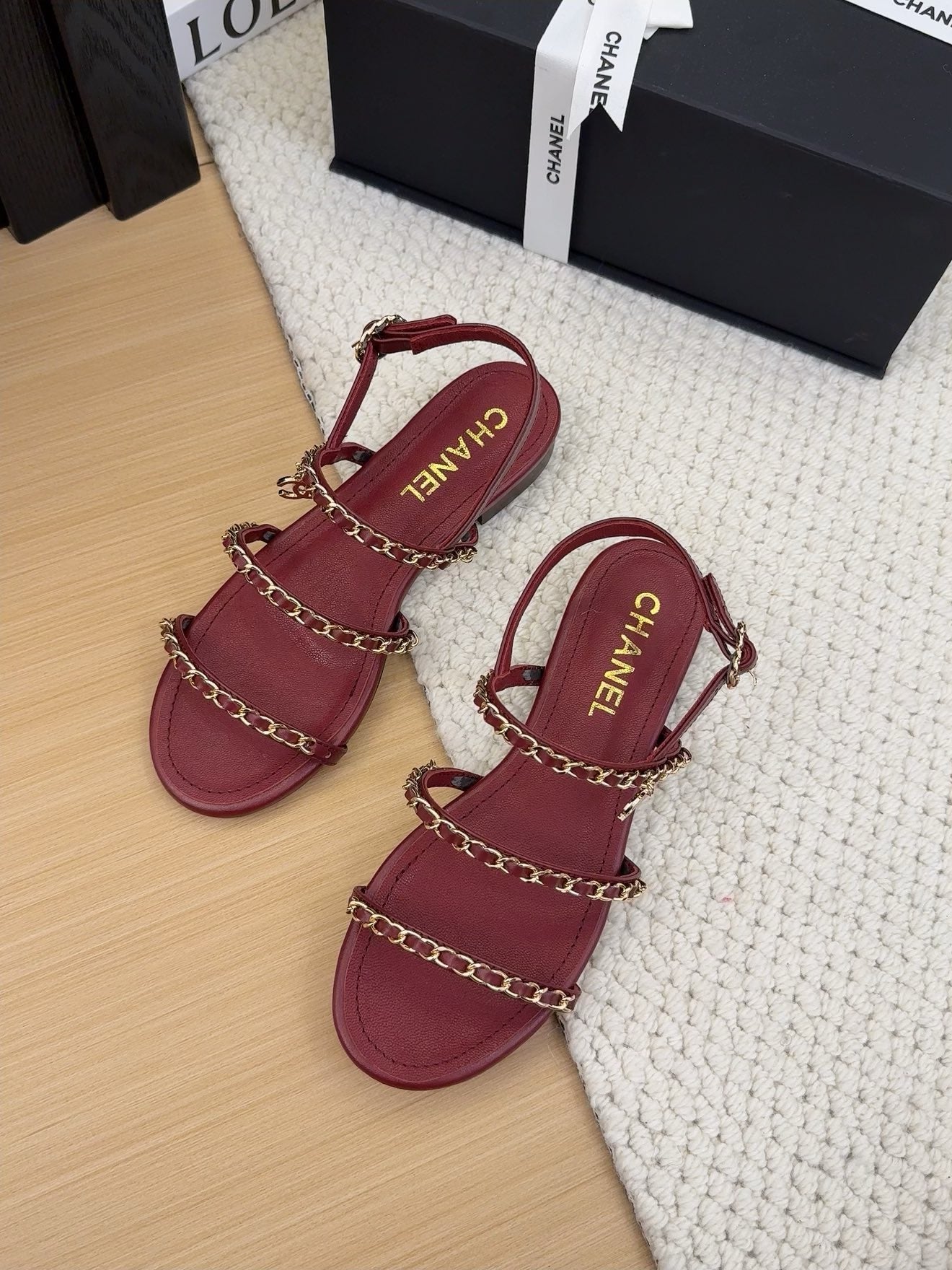 CHANEL 25S Sandal Three Leather Strap Red Calfskin