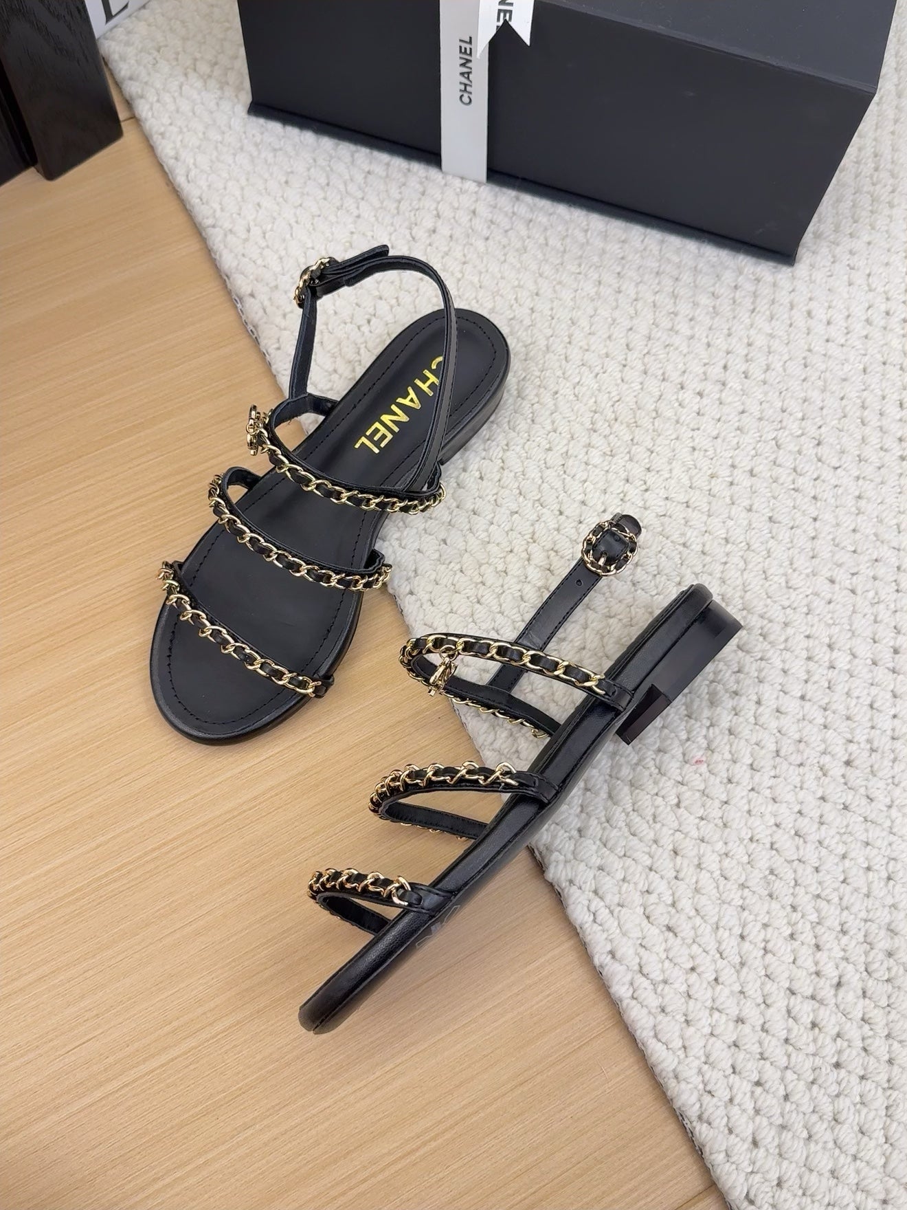 CHANEL 25S Sandal Three Leather Strap Black Calfskin