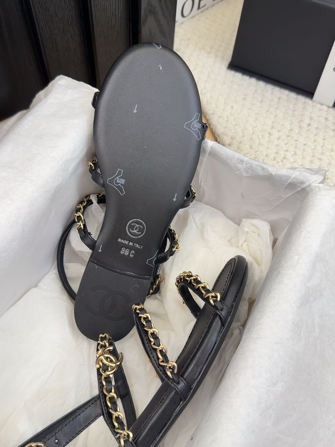CHANEL 25S Sandal Three Leather Strap Black Calfskin