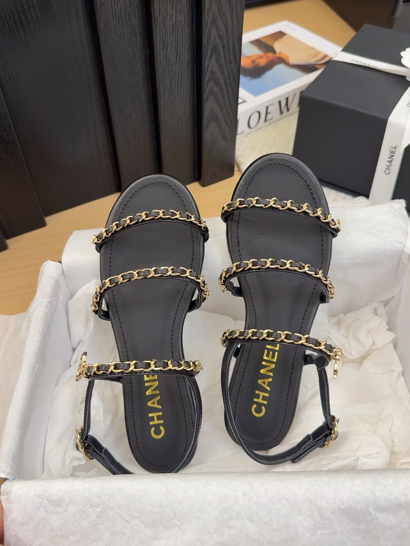 CHANEL 25S Sandal Three Leather Strap Black Calfskin