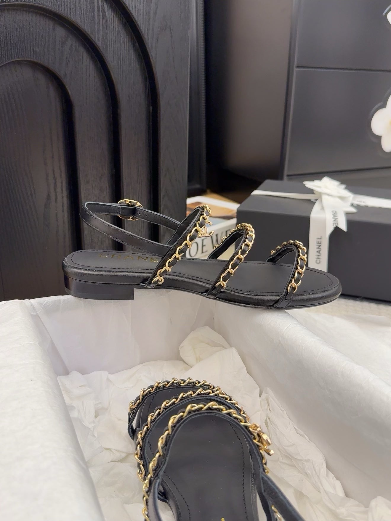 CHANEL 25S Sandal Three Leather Strap Black Calfskin