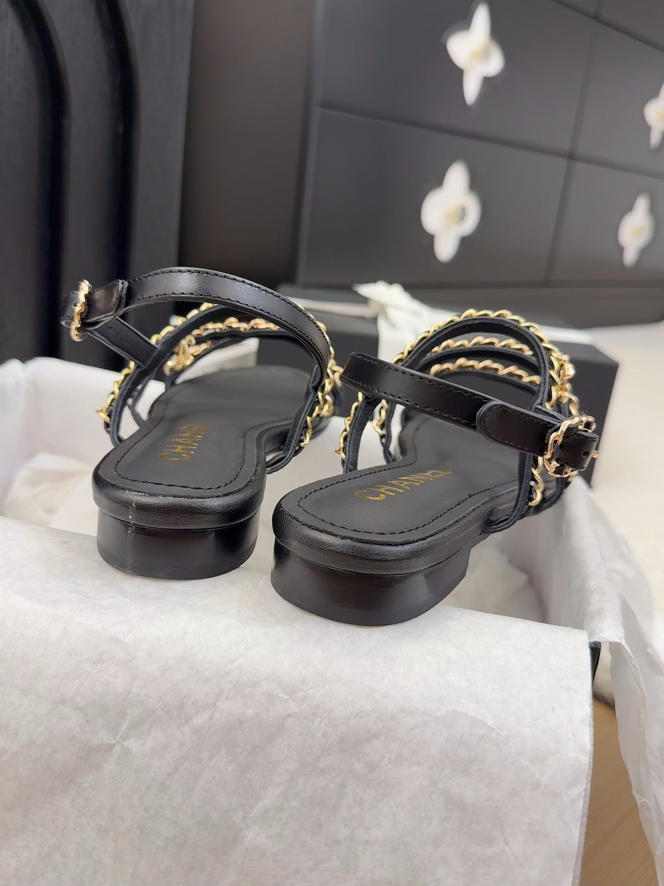 CHANEL 25S Sandal Three Leather Strap Black Calfskin