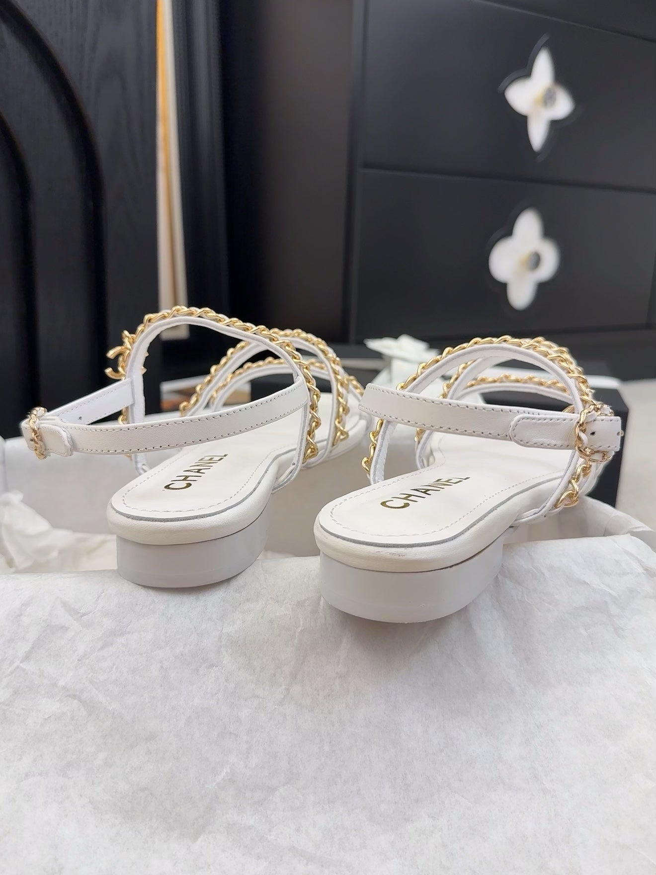 CHANEL 25S Sandal Three Leather Strap White Calfskin