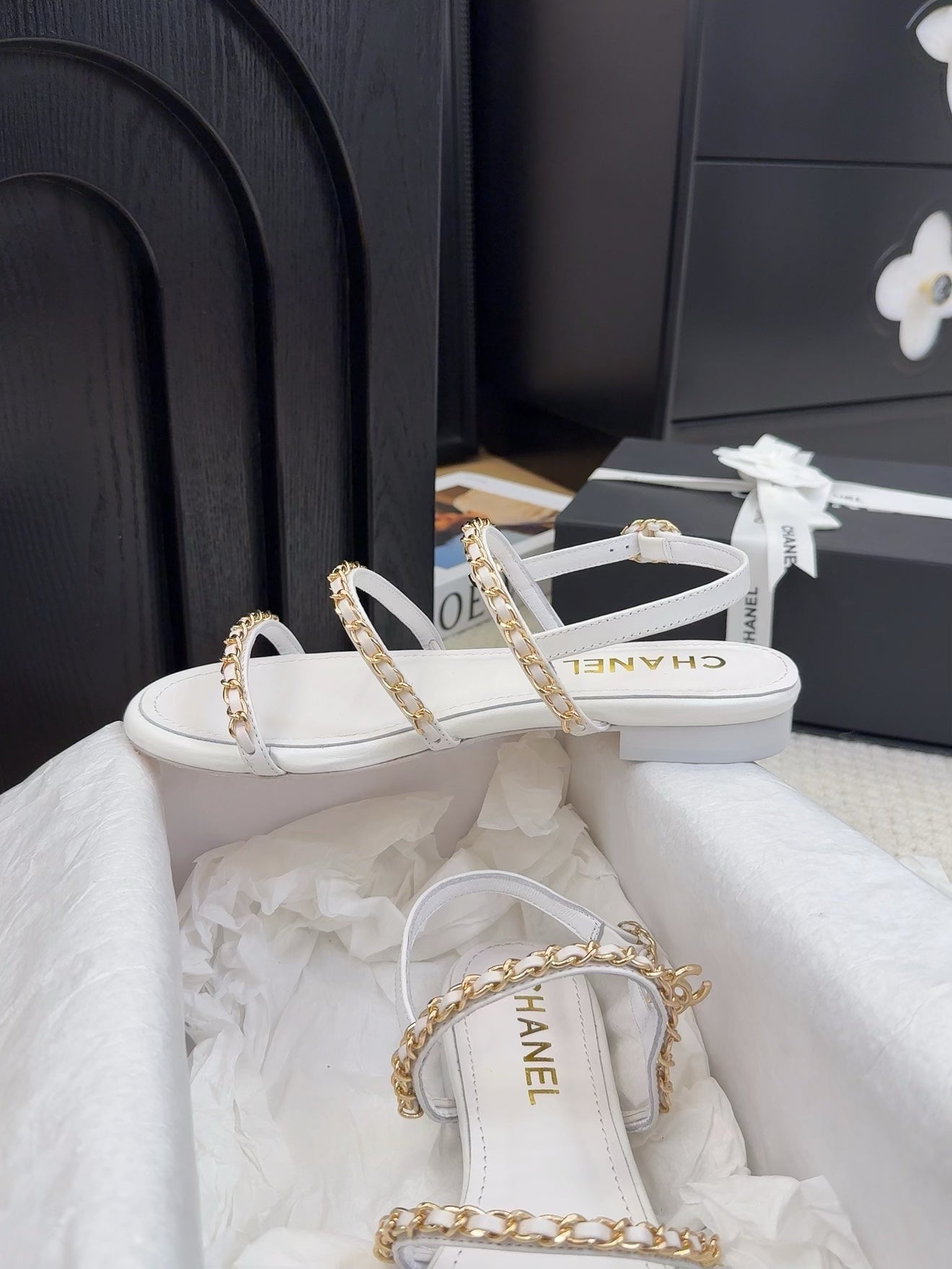 CHANEL 25S Sandal Three Leather Strap White Calfskin