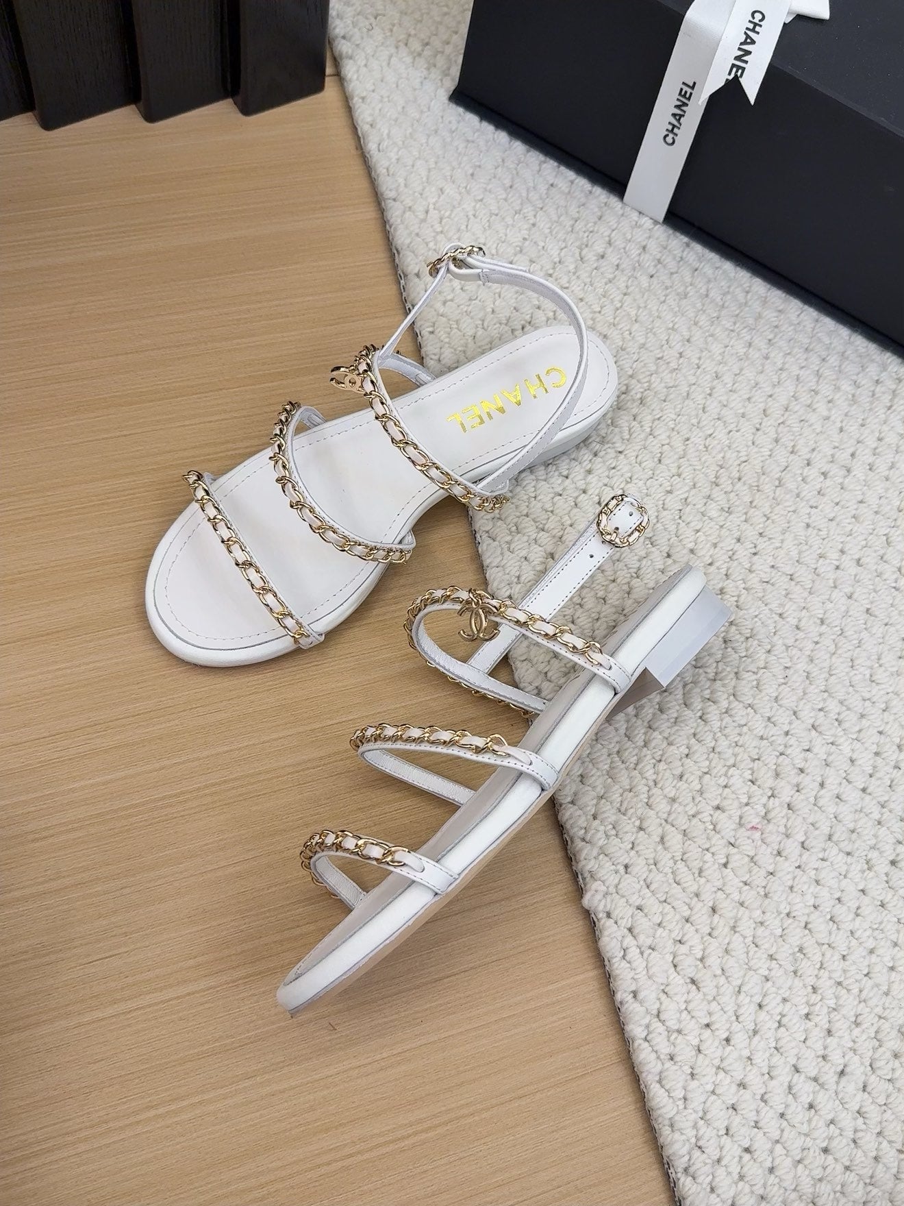 CHANEL 25S Sandal Three Leather Strap White Calfskin