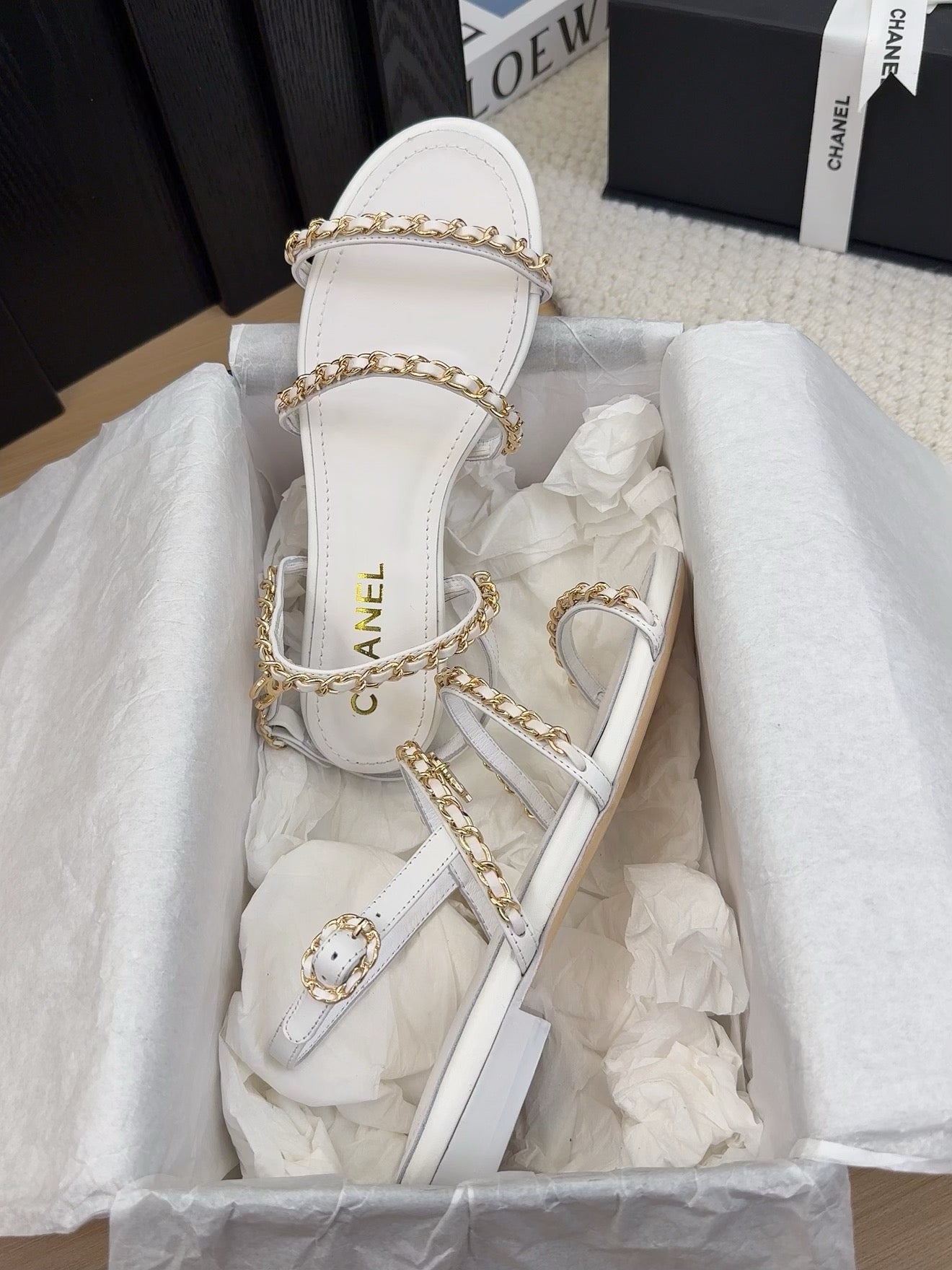 CHANEL 25S Sandal Three Leather Strap White Calfskin