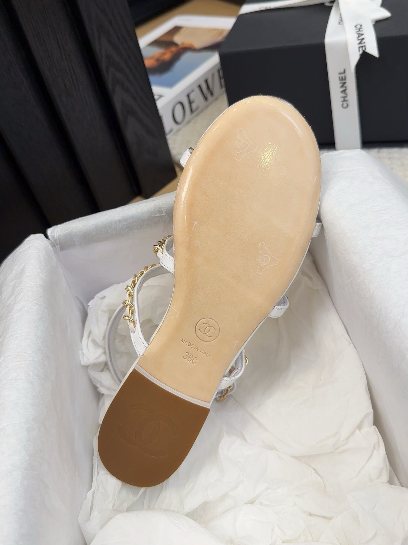 CHANEL 25S Sandal Three Leather Strap White Calfskin