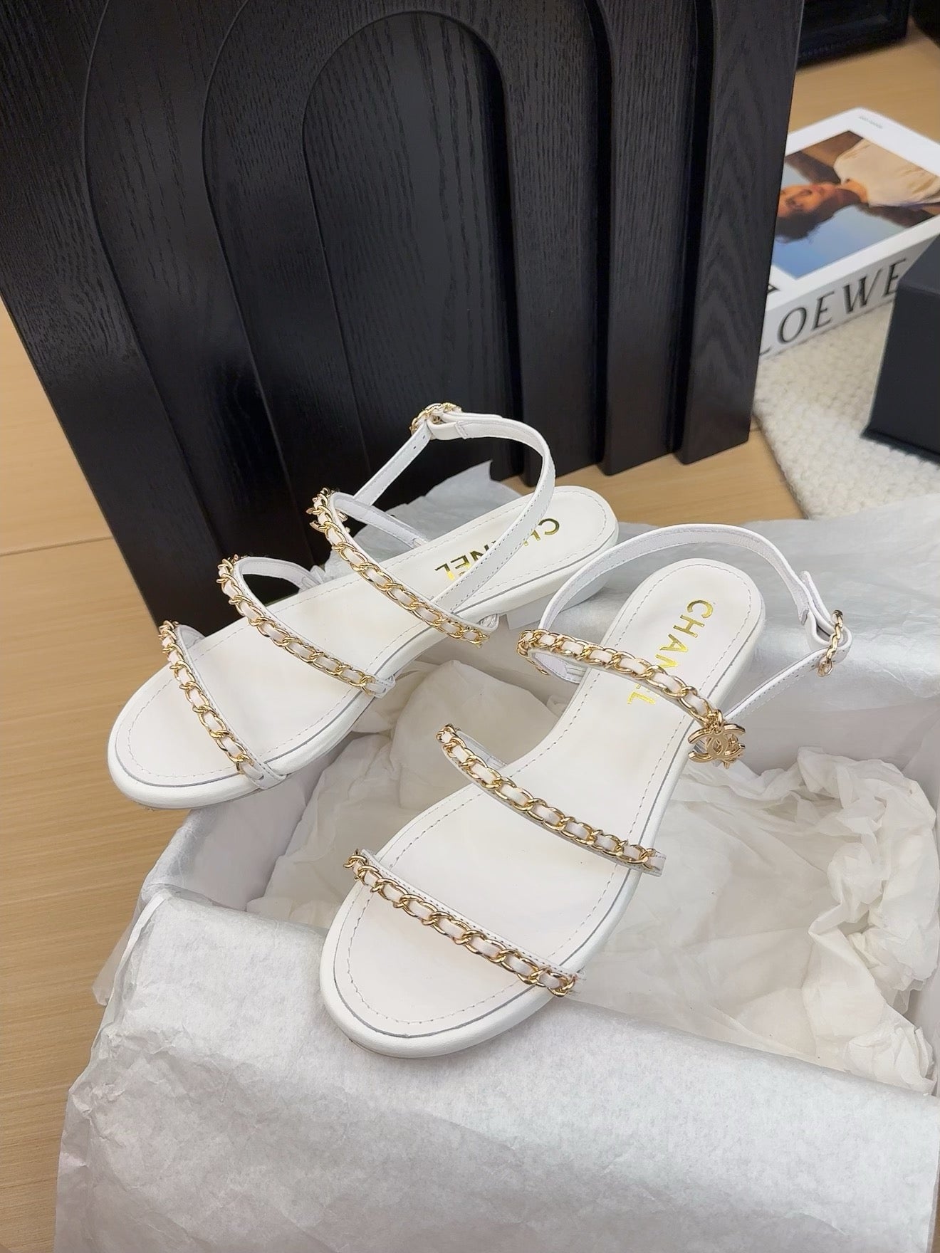 CHANEL 25S Sandal Three Leather Strap White Calfskin