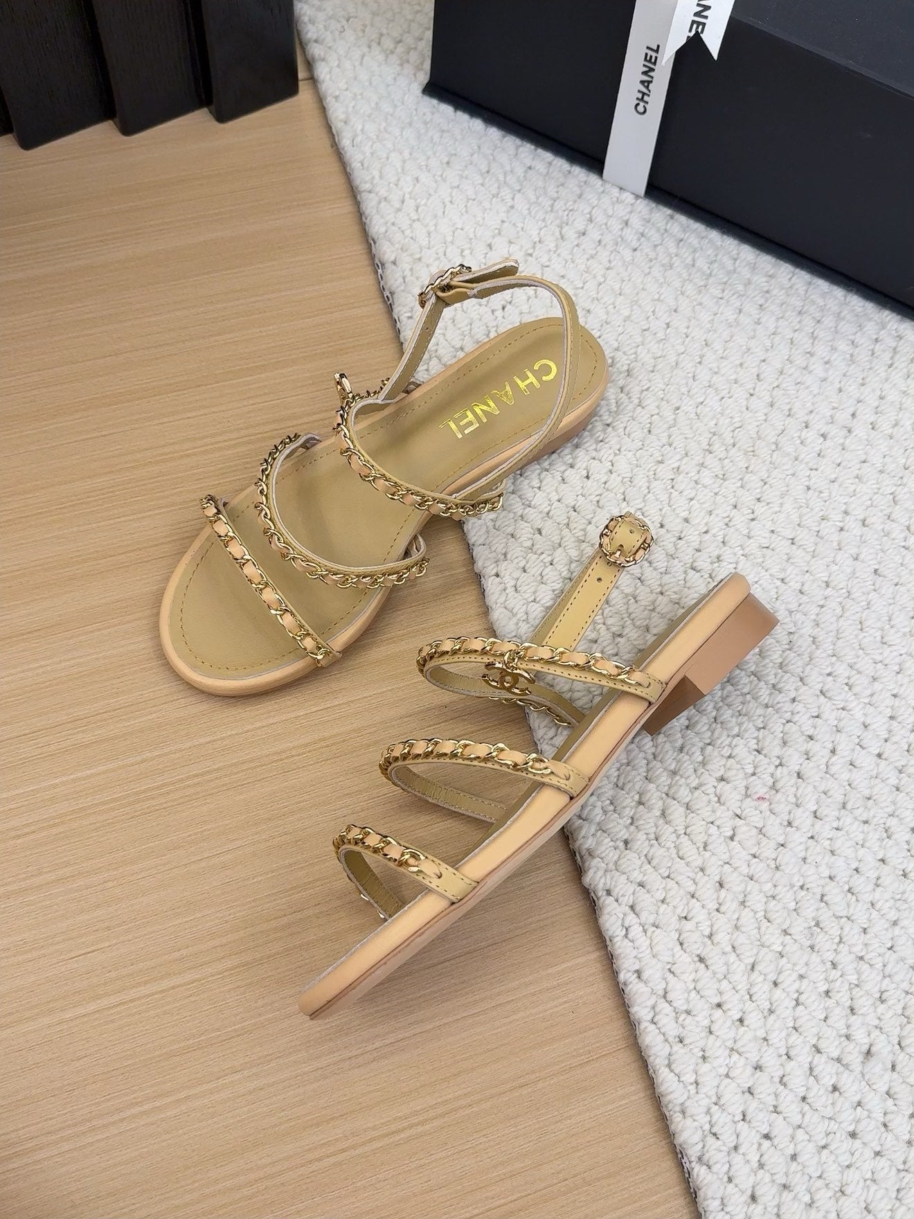 CHANEL 25S Sandal Three Leather Strap Beige Calfskin