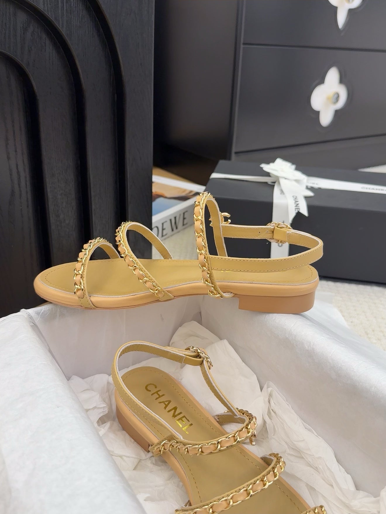 CHANEL 25S Sandal Three Leather Strap Beige Calfskin