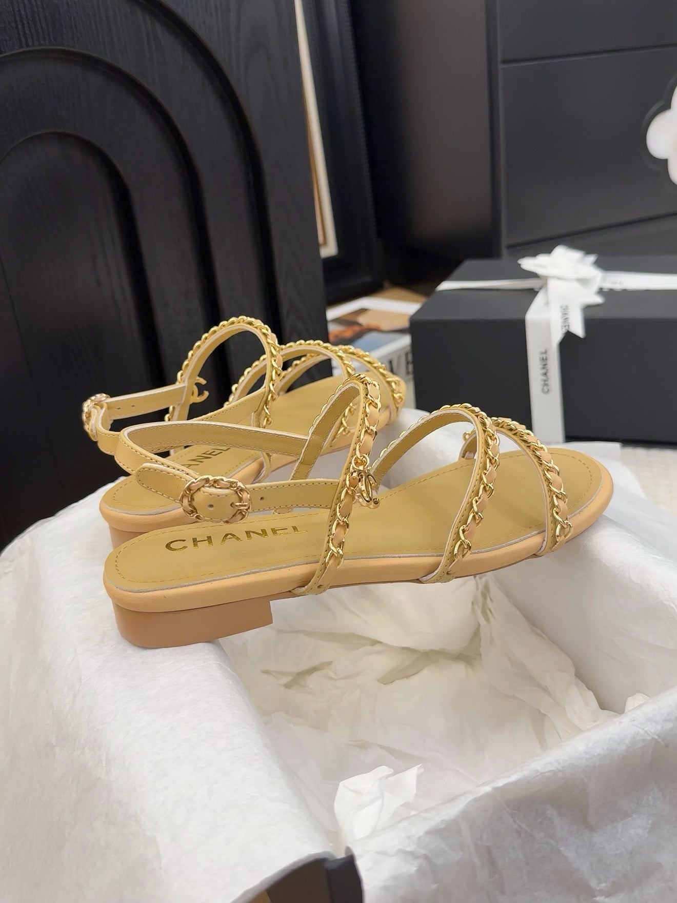 CHANEL 25S Sandal Three Leather Strap Beige Calfskin