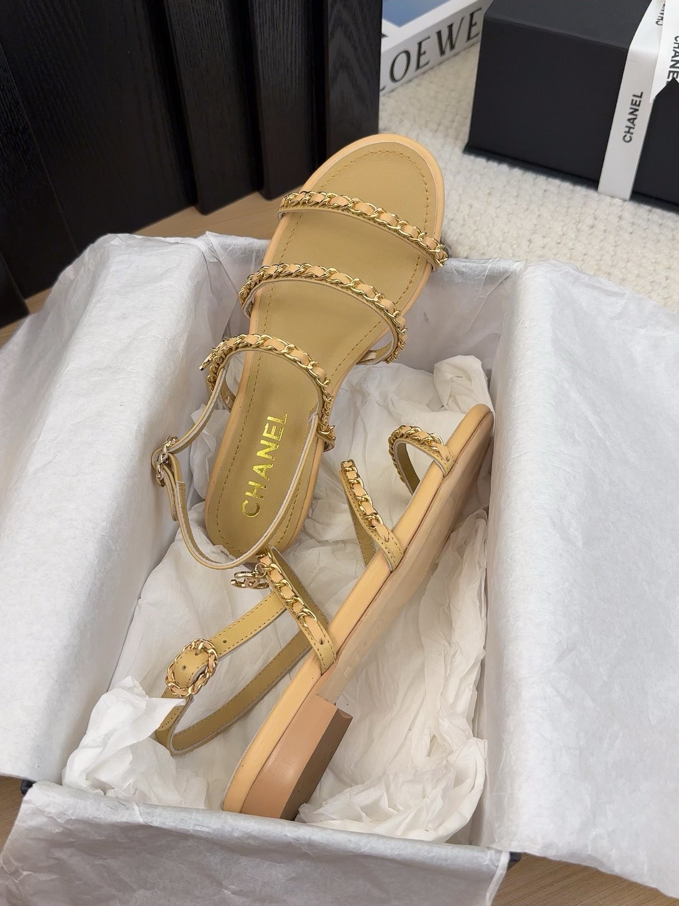CHANEL 25S Sandal Three Leather Strap Beige Calfskin
