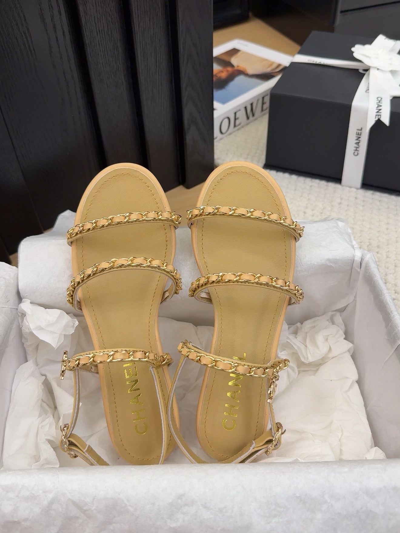 CHANEL 25S Sandal Three Leather Strap Beige Calfskin