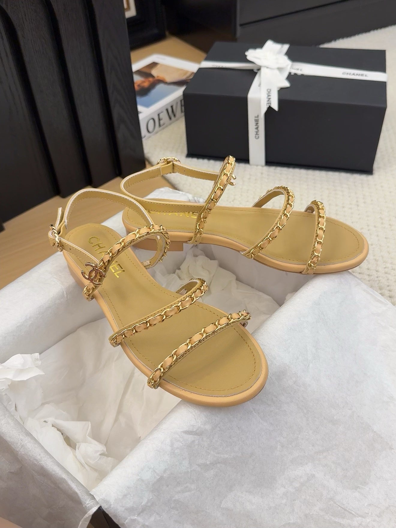 CHANEL 25S Sandal Three Leather Strap Beige Calfskin