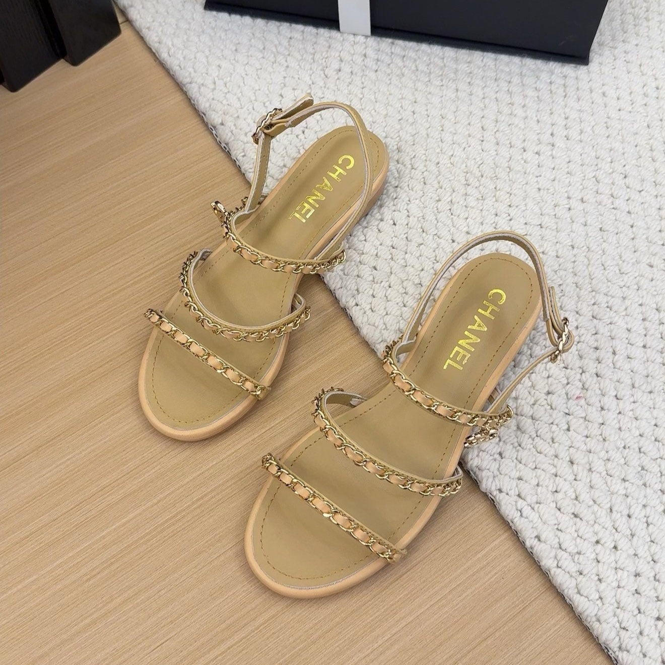CHANEL 25S Sandal Three Leather Strap Beige Calfskin