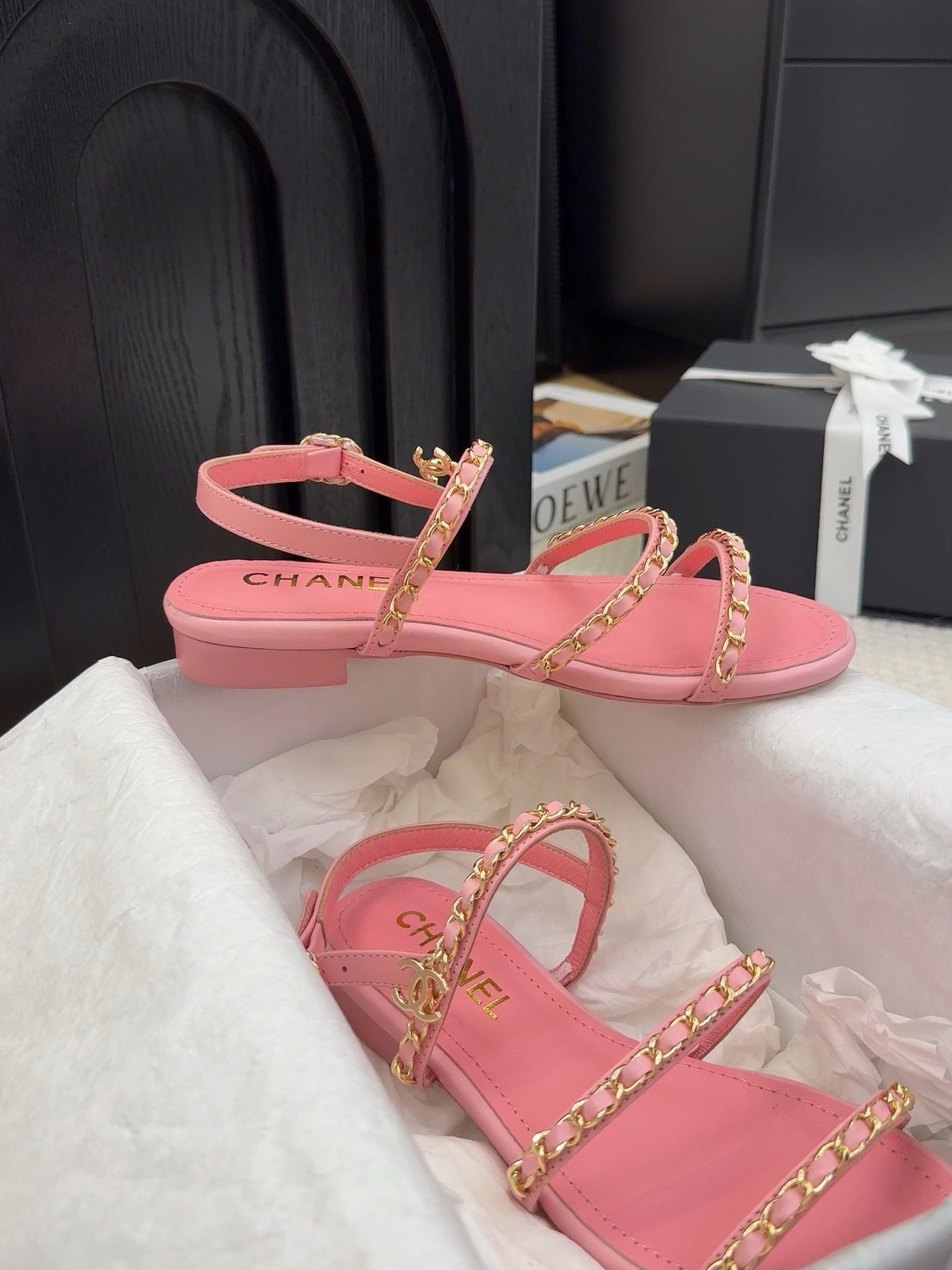 CHANEL 25S Sandal Three Leather Strap Pink Calfskin
