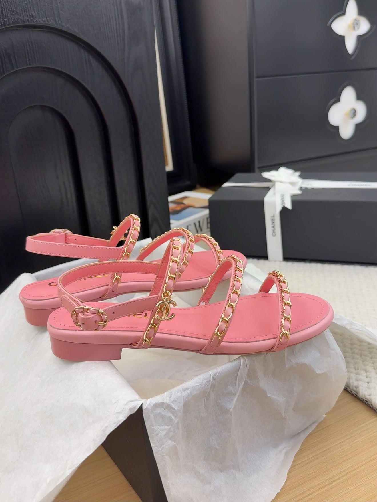 CHANEL 25S Sandal Three Leather Strap Pink Calfskin