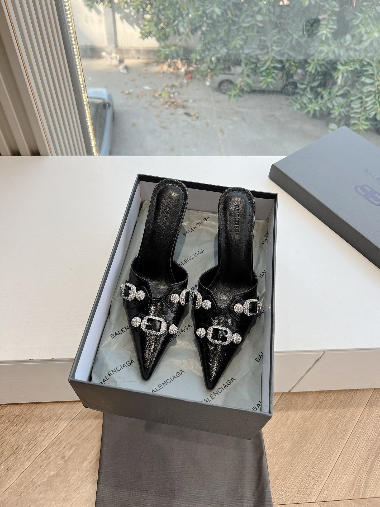 Balanciaga CRYSTAL BUCKLE BLACK WAX-OIL SHEEPSKIN HEELED MULES
