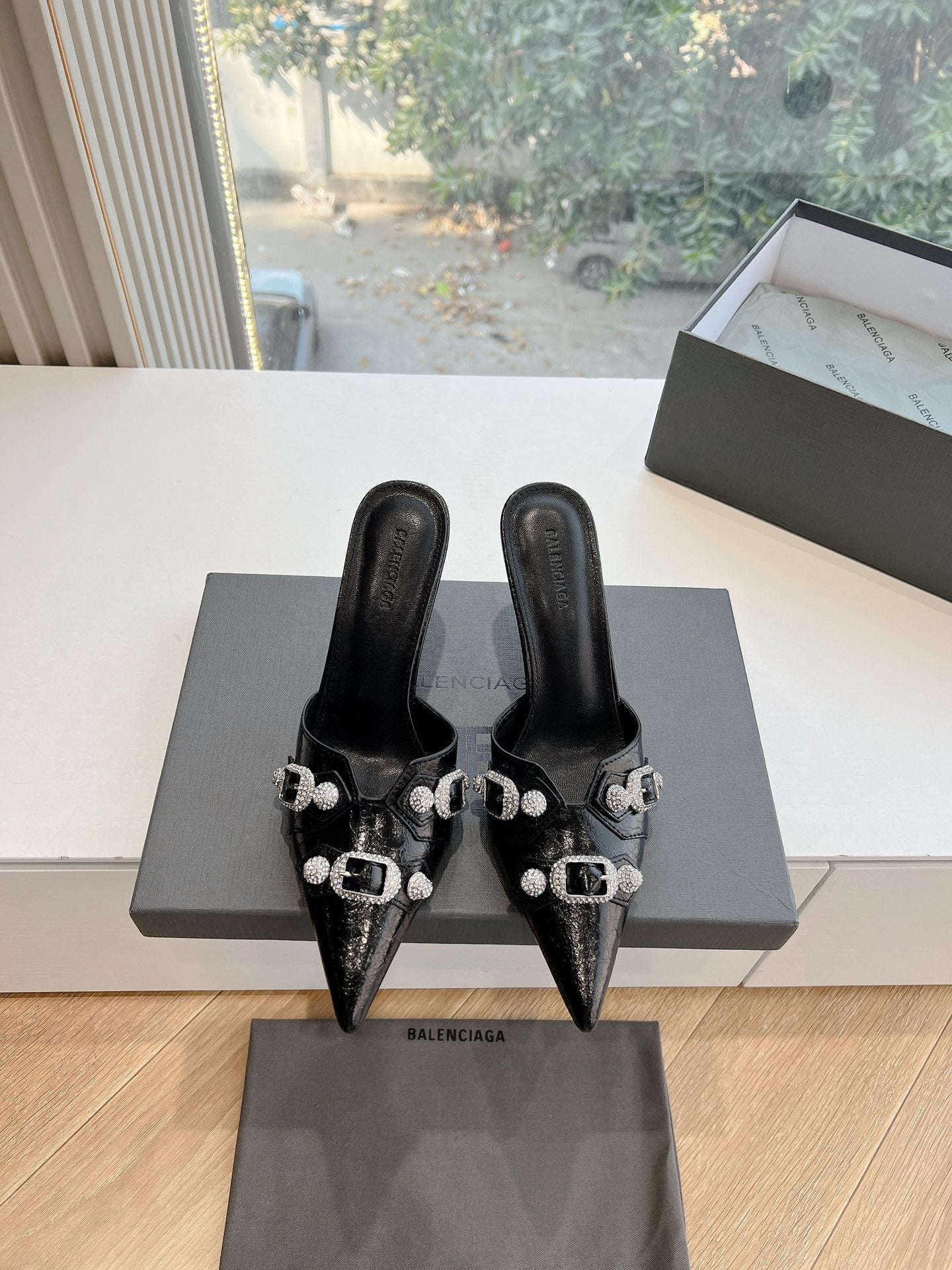 Balanciaga CRYSTAL BUCKLE BLACK WAX-OIL SHEEPSKIN HEELED MULES