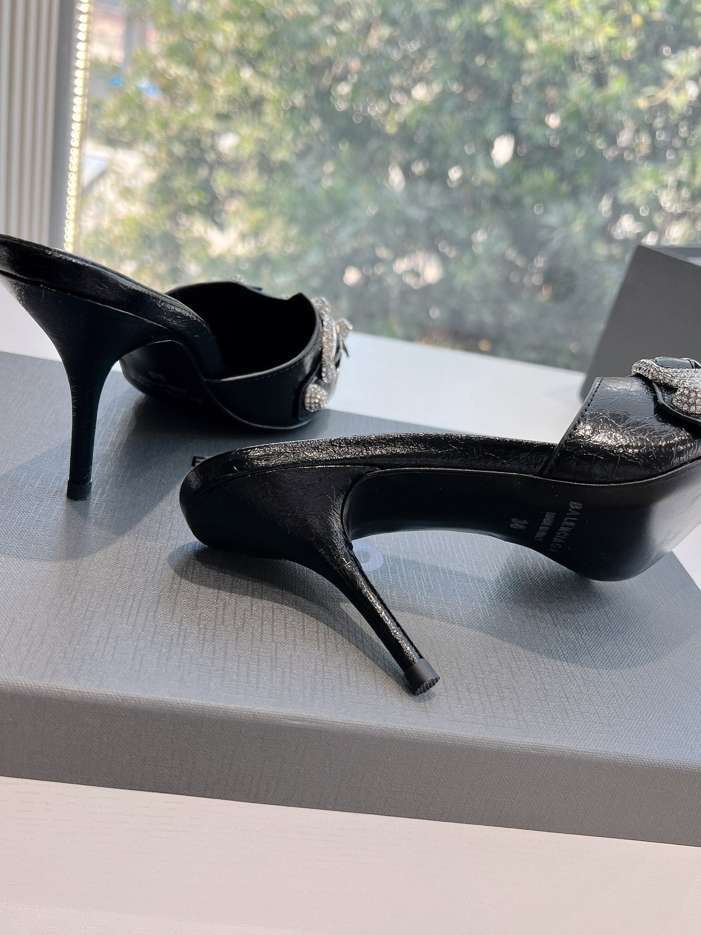 Balanciaga CRYSTAL BUCKLE BLACK WAX-OIL SHEEPSKIN HEELED MULES