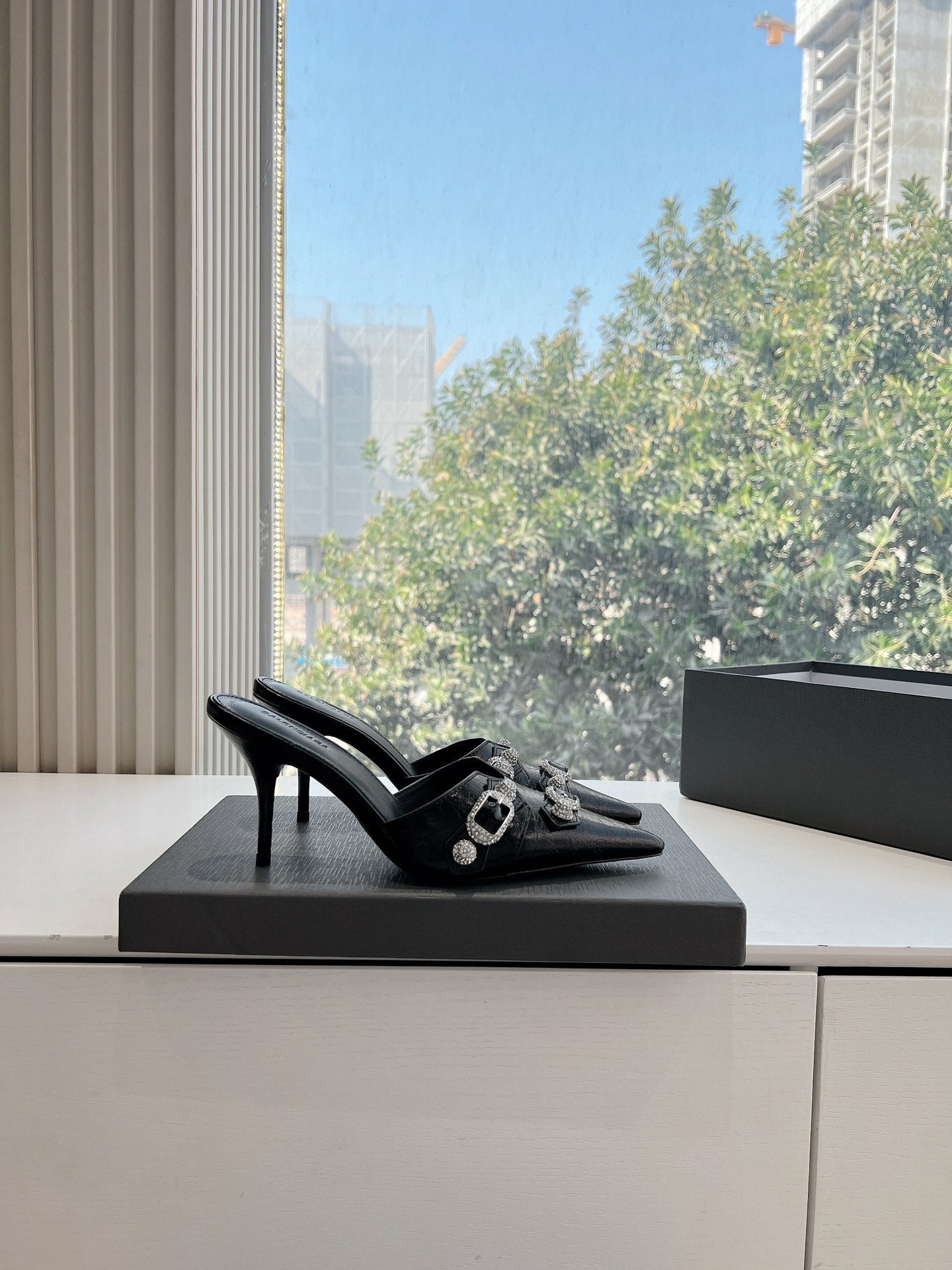 Balanciaga CRYSTAL BUCKLE BLACK WAX-OIL SHEEPSKIN HEELED MULES