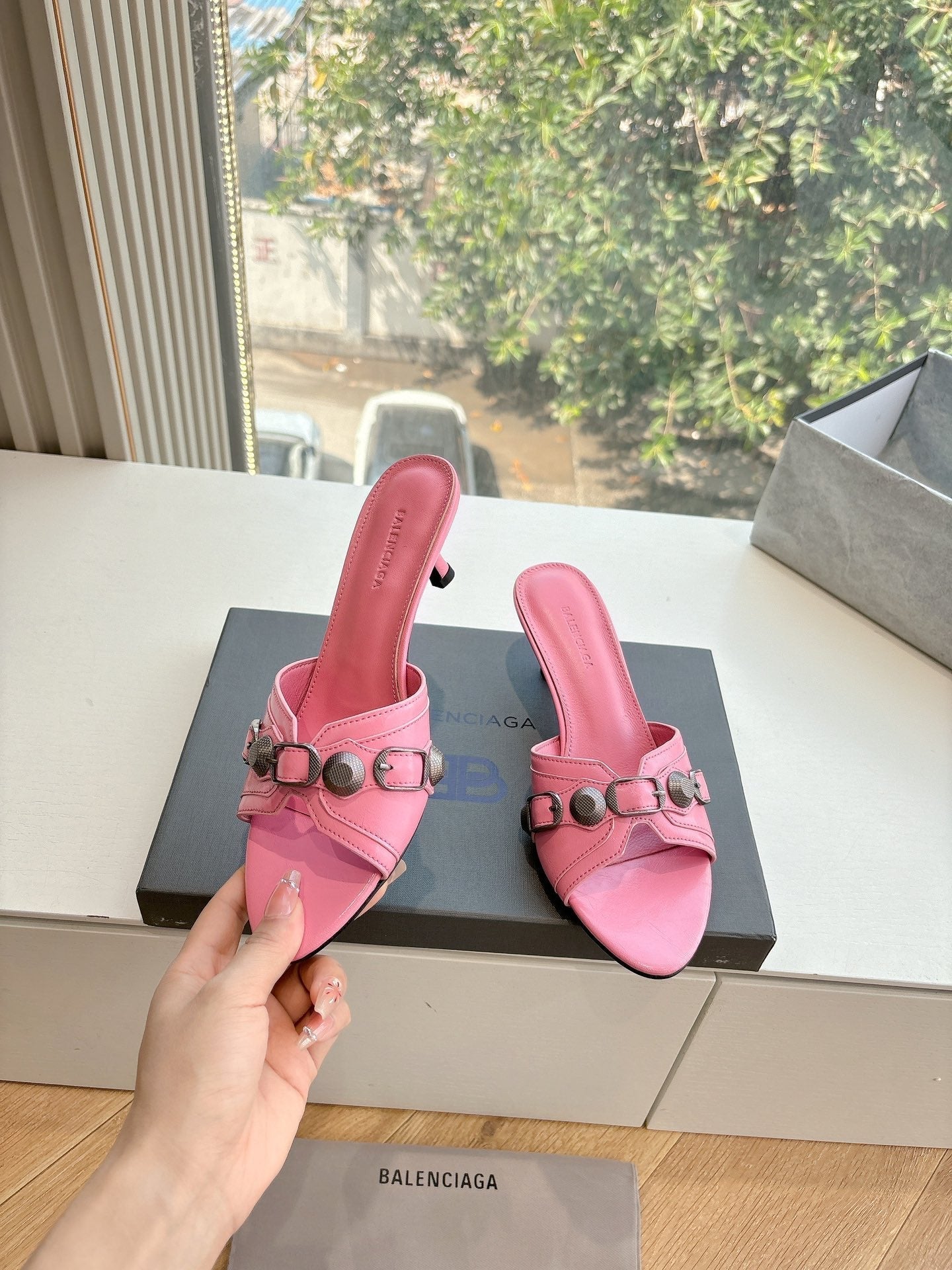 Balanciaga CAGOLE MID-HEEL MULES IN SHOCKING PINK CALFSKIN