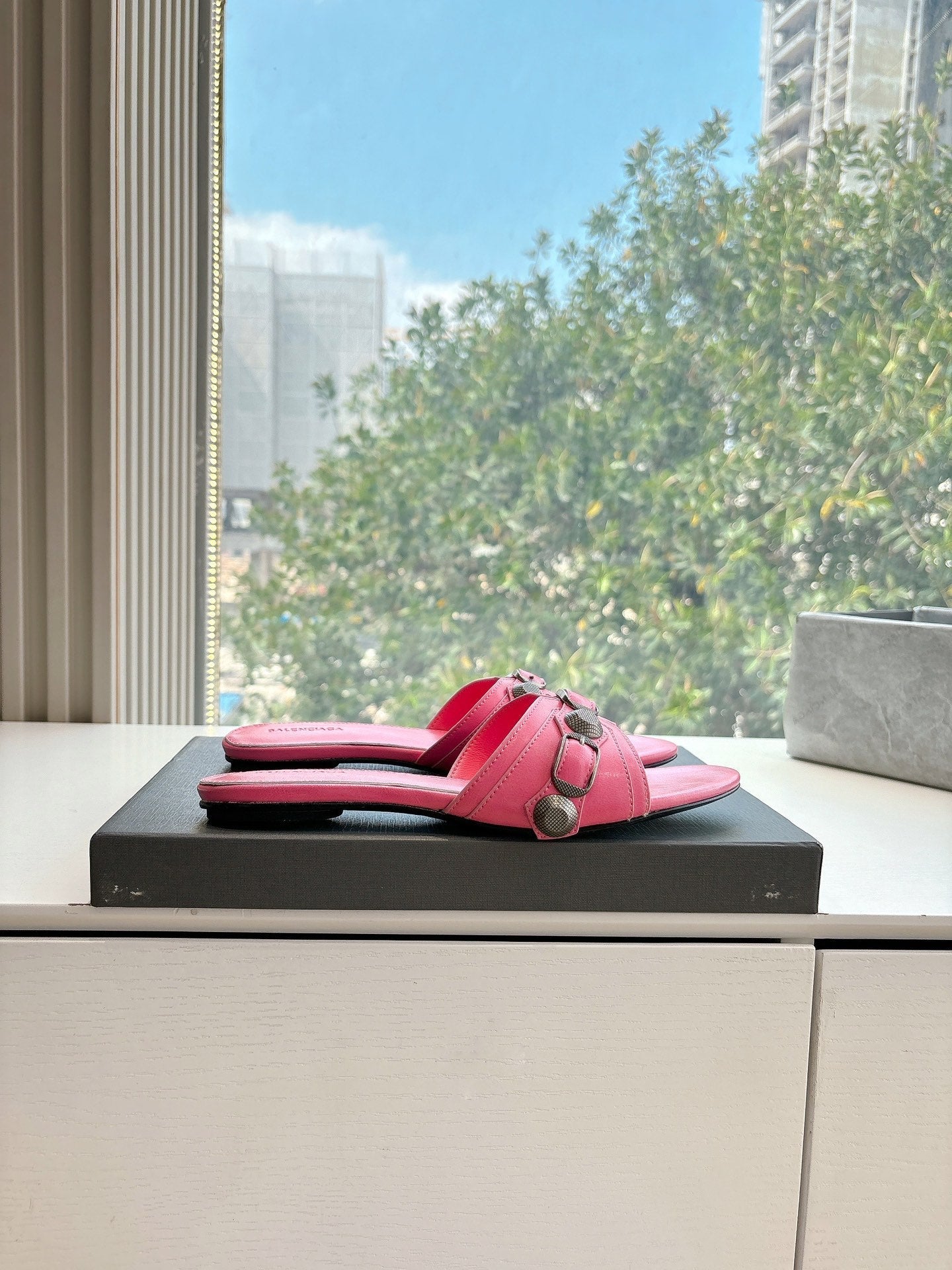 Balanciaga CAGOLE FLAT MULES IN FRENCH PINK CALFSKIN