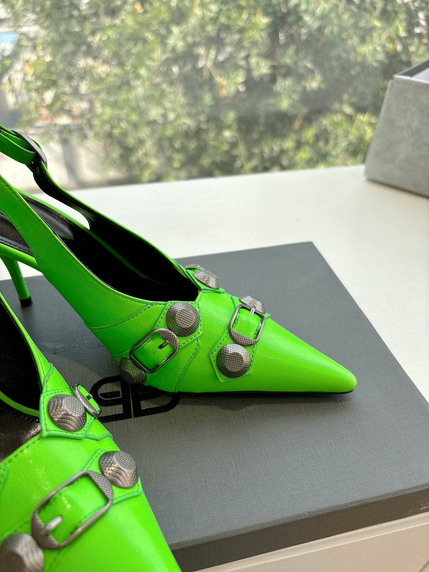 Balanciaga CAGOLE HIGH SLINGBACK IN NEON GREEN GLOSSY CALFSKIN