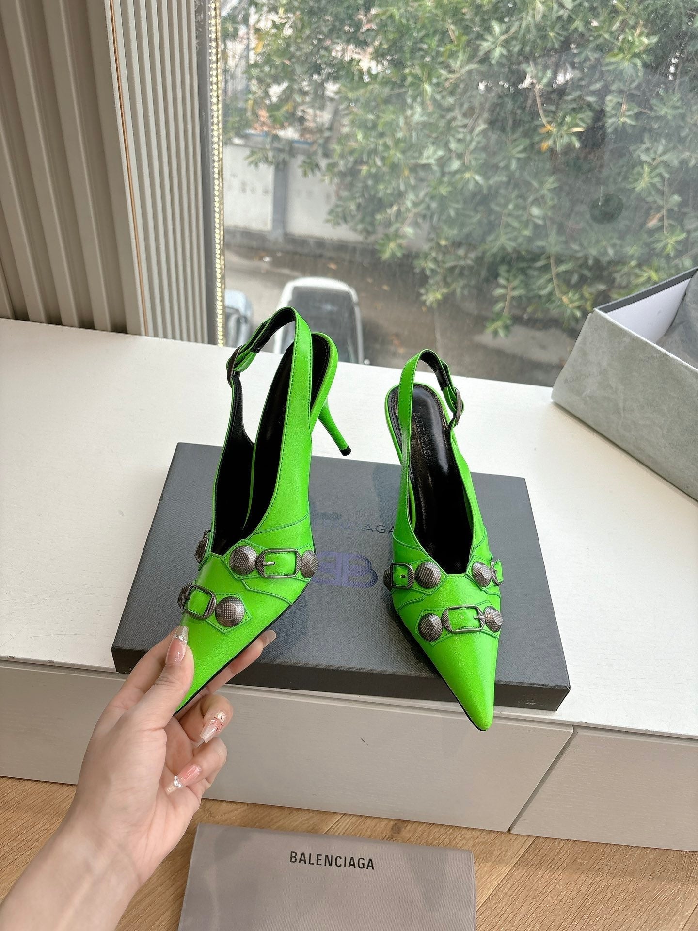 Balanciaga CAGOLE HIGH SLINGBACK IN NEON GREEN GLOSSY CALFSKIN