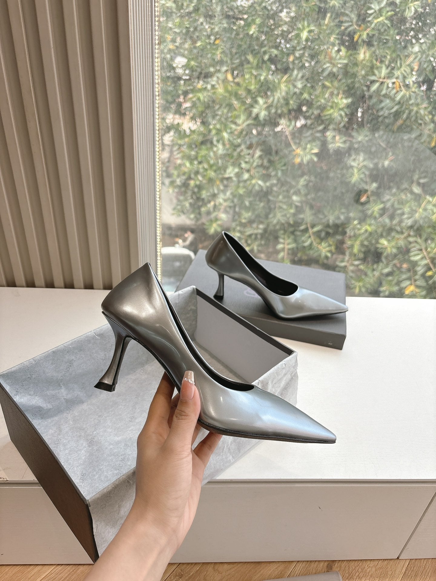 Balanciaga HIGH PUMPS IN RHINO GRAY PATENT CALFSKIN